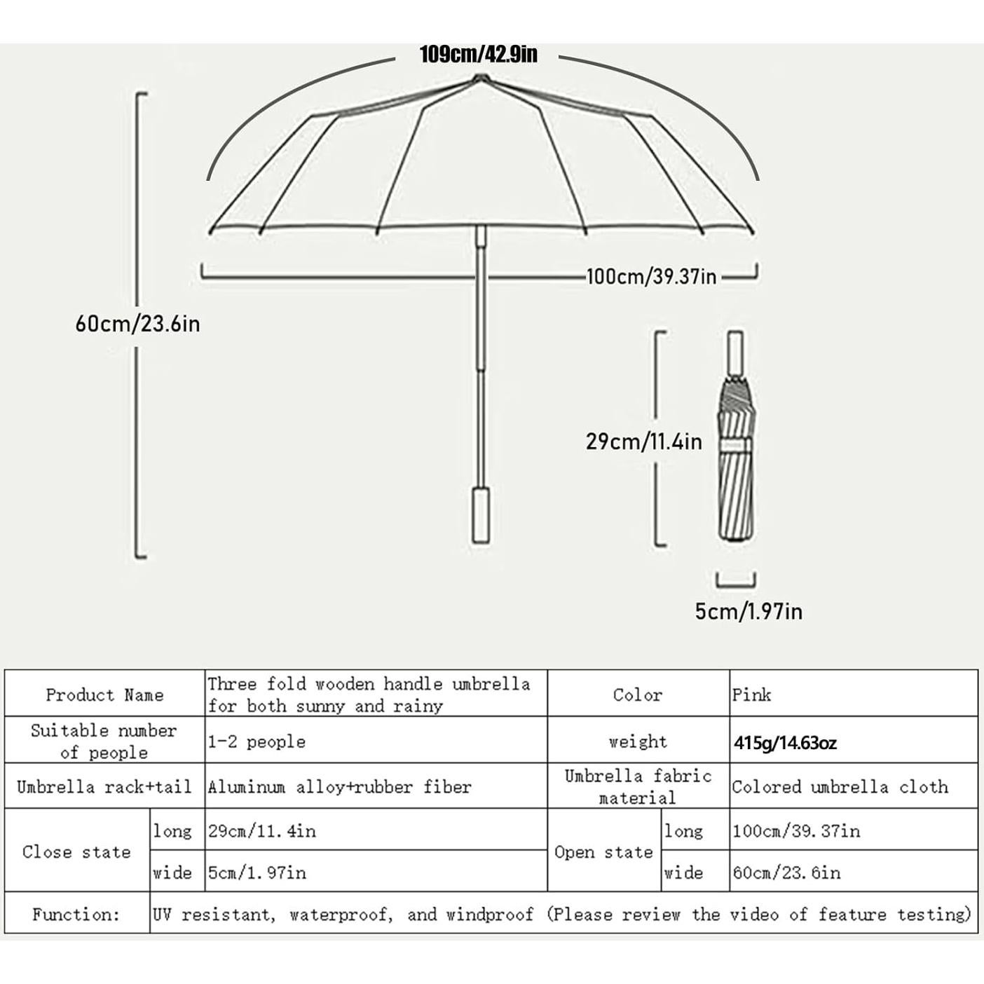 Paraguas Plegable MENHLAGDI UV 50+ Impermeable 1m Rosa