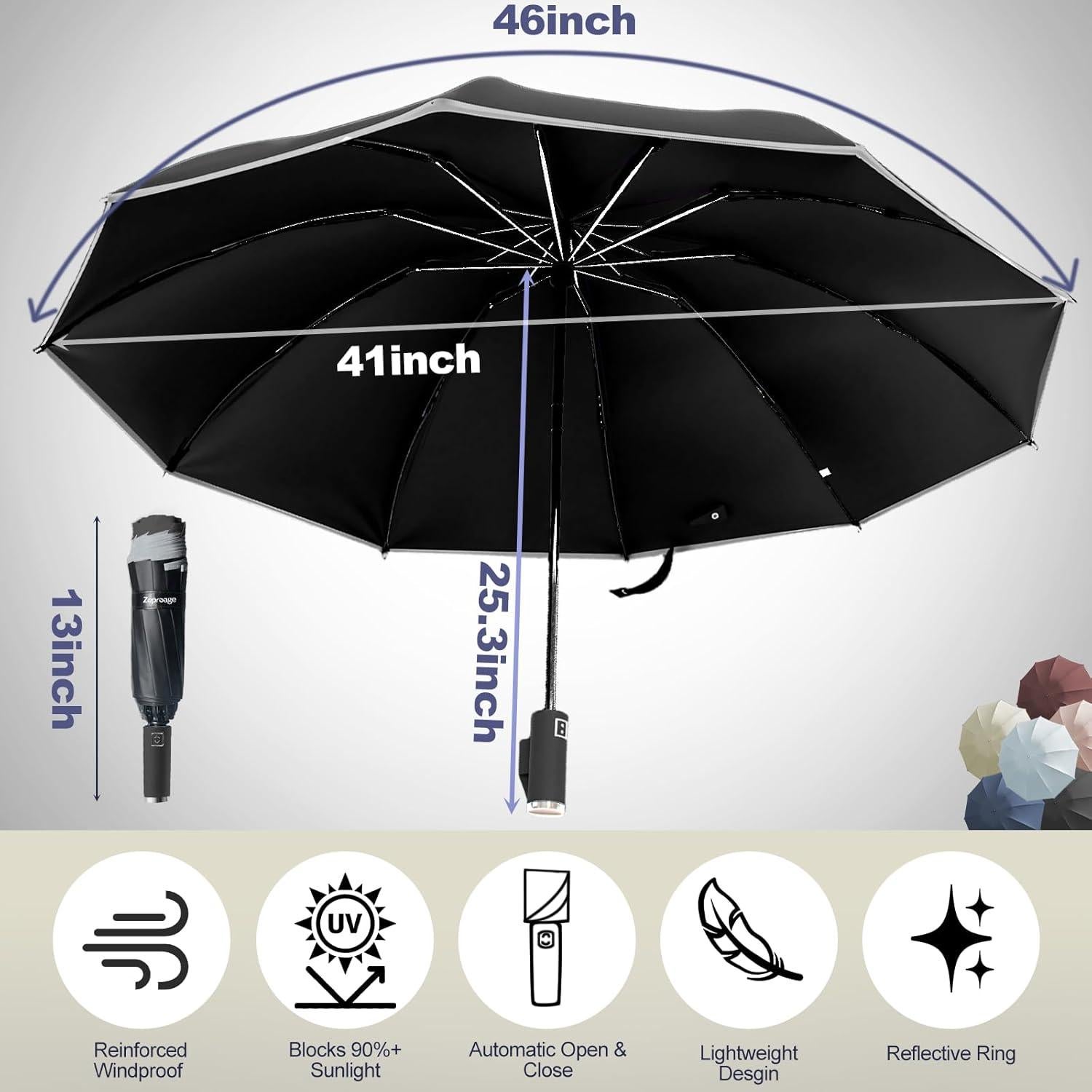 Paraguas Invertido UPF 50+ Negro Automático a Prueba de Viento