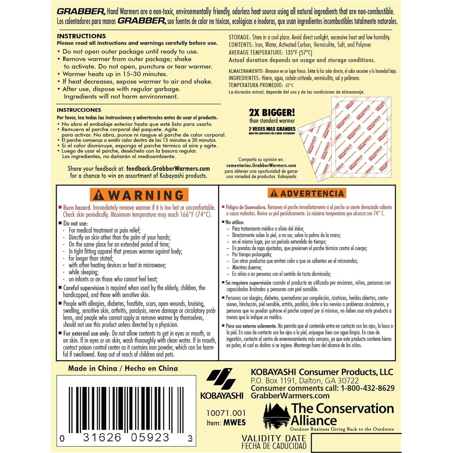 Paquete de 10 Calentadores Corporales Grabber 18 Horas