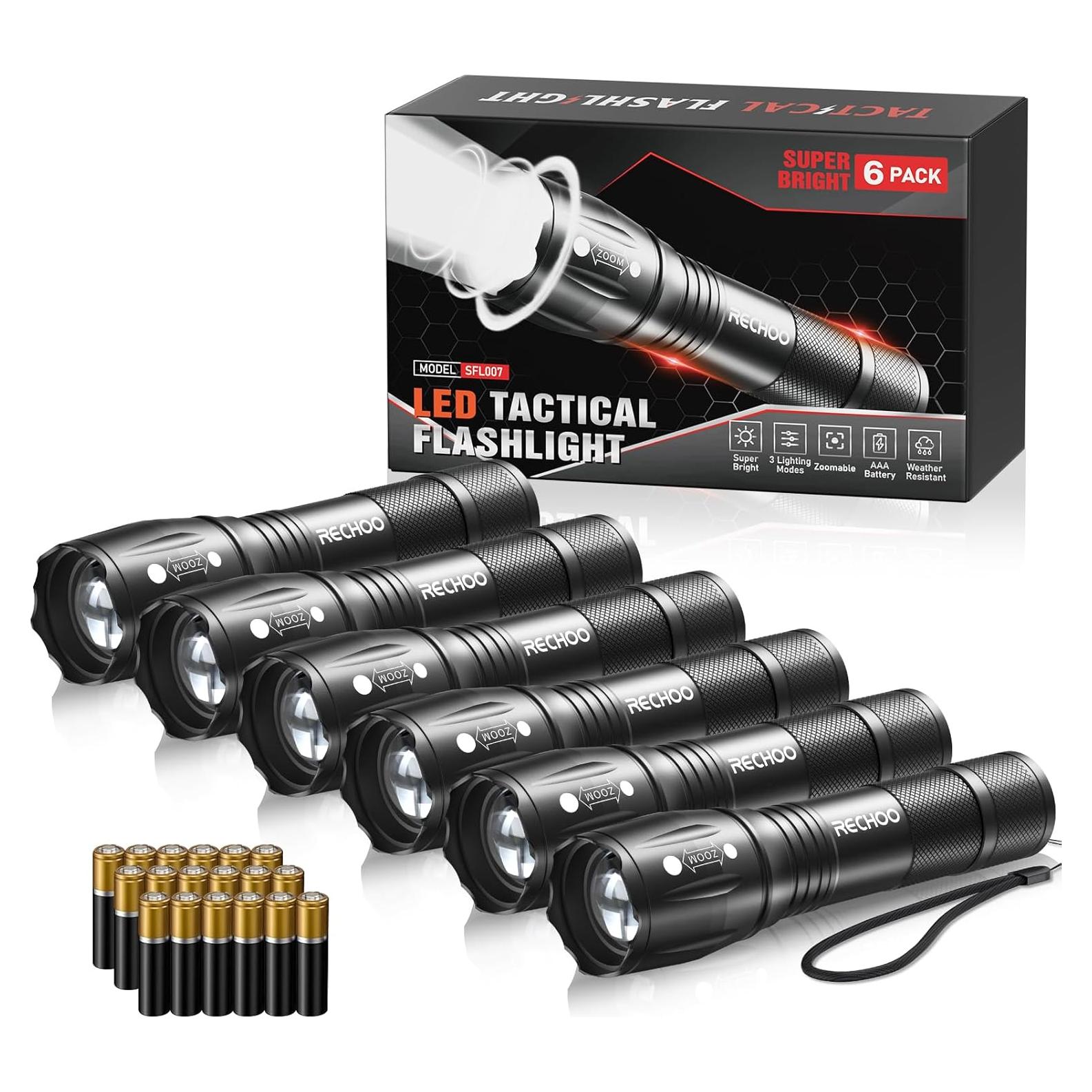 Linternas LED Tácticas RECHOO 6 Paquete con Baterías AAA