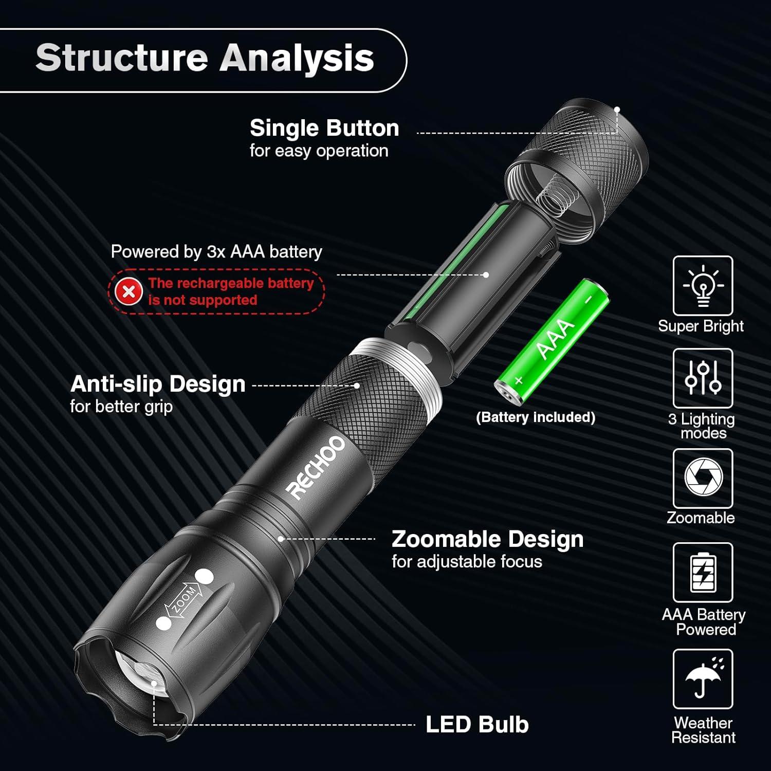 Linternas LED Tácticas RECHOO 6 Paquete con Baterías AAA