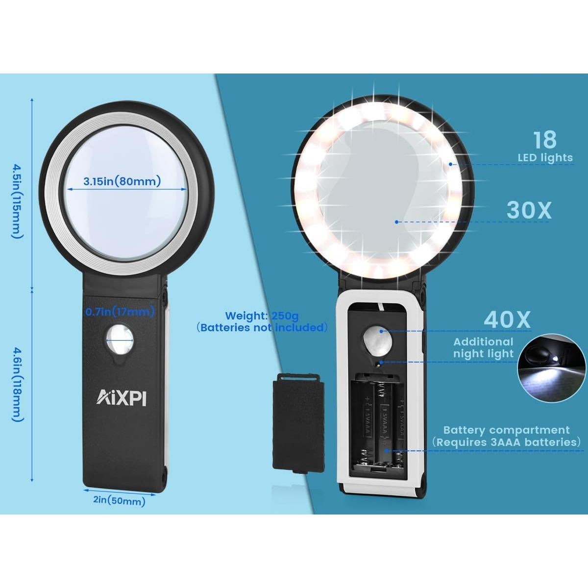 Lupa AIXPI 30X 40X con Luz LED y Soporte Plegable Negra