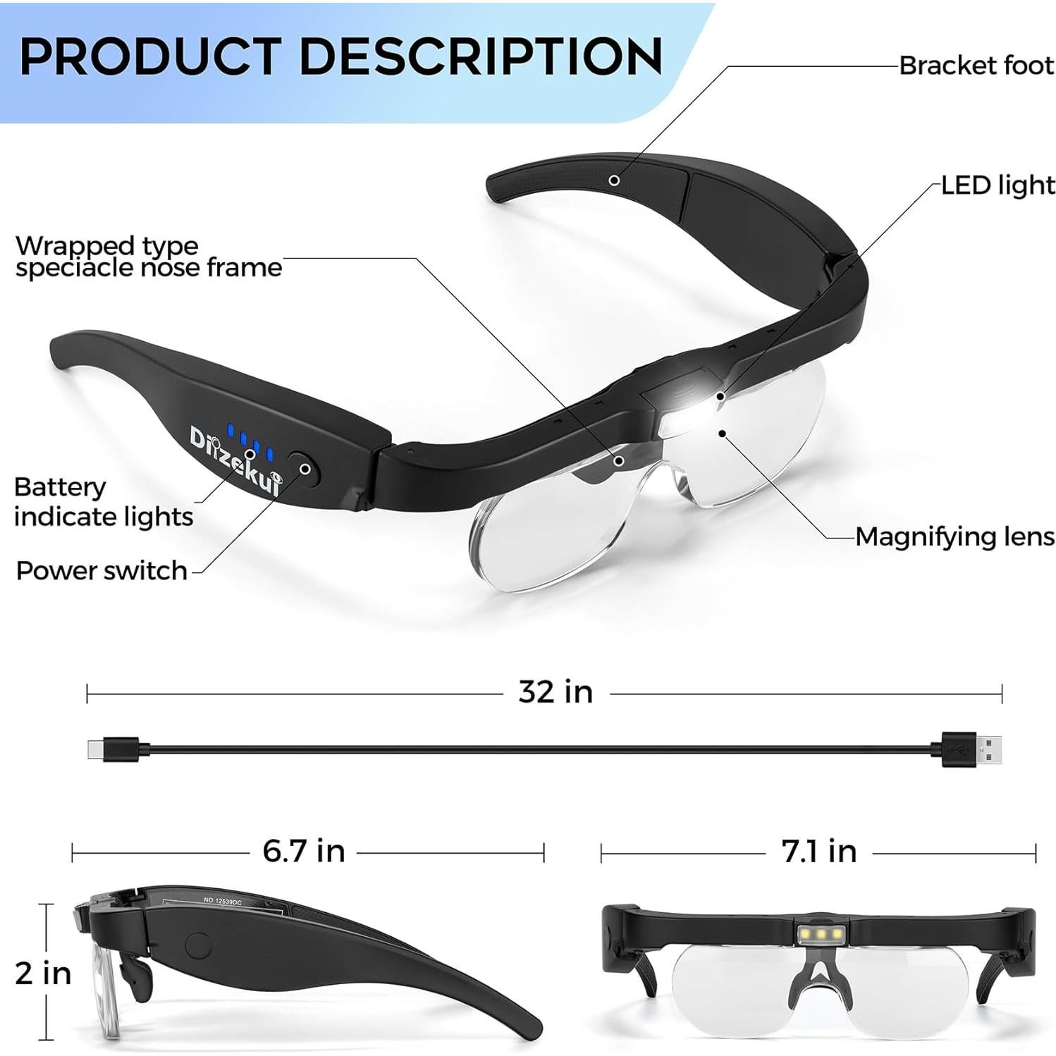 Lupa con Luz Dilzekui 1.5X a 5.0X Recargable con 4 Lentes