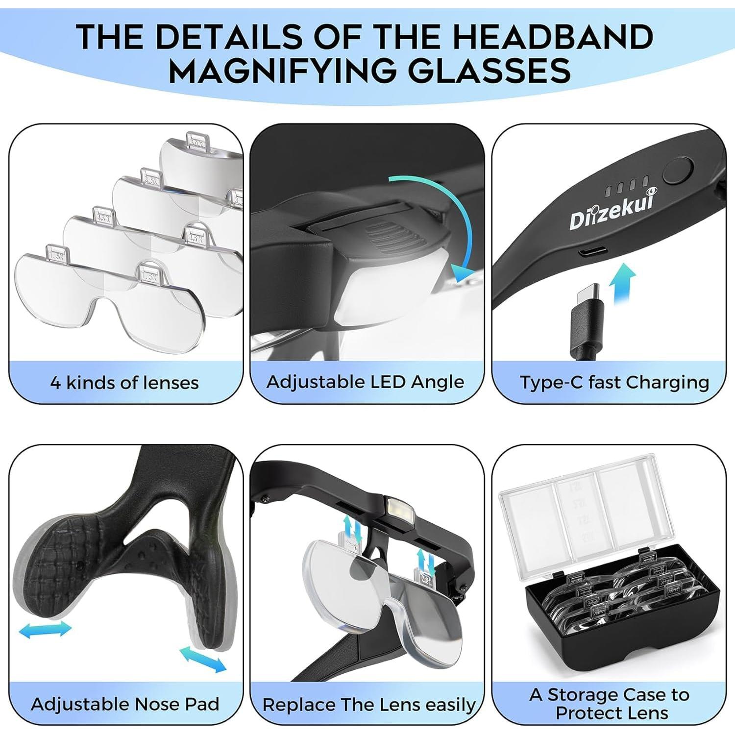 Lupa con Luz Dilzekui 1.5X a 5.0X Recargable con 4 Lentes