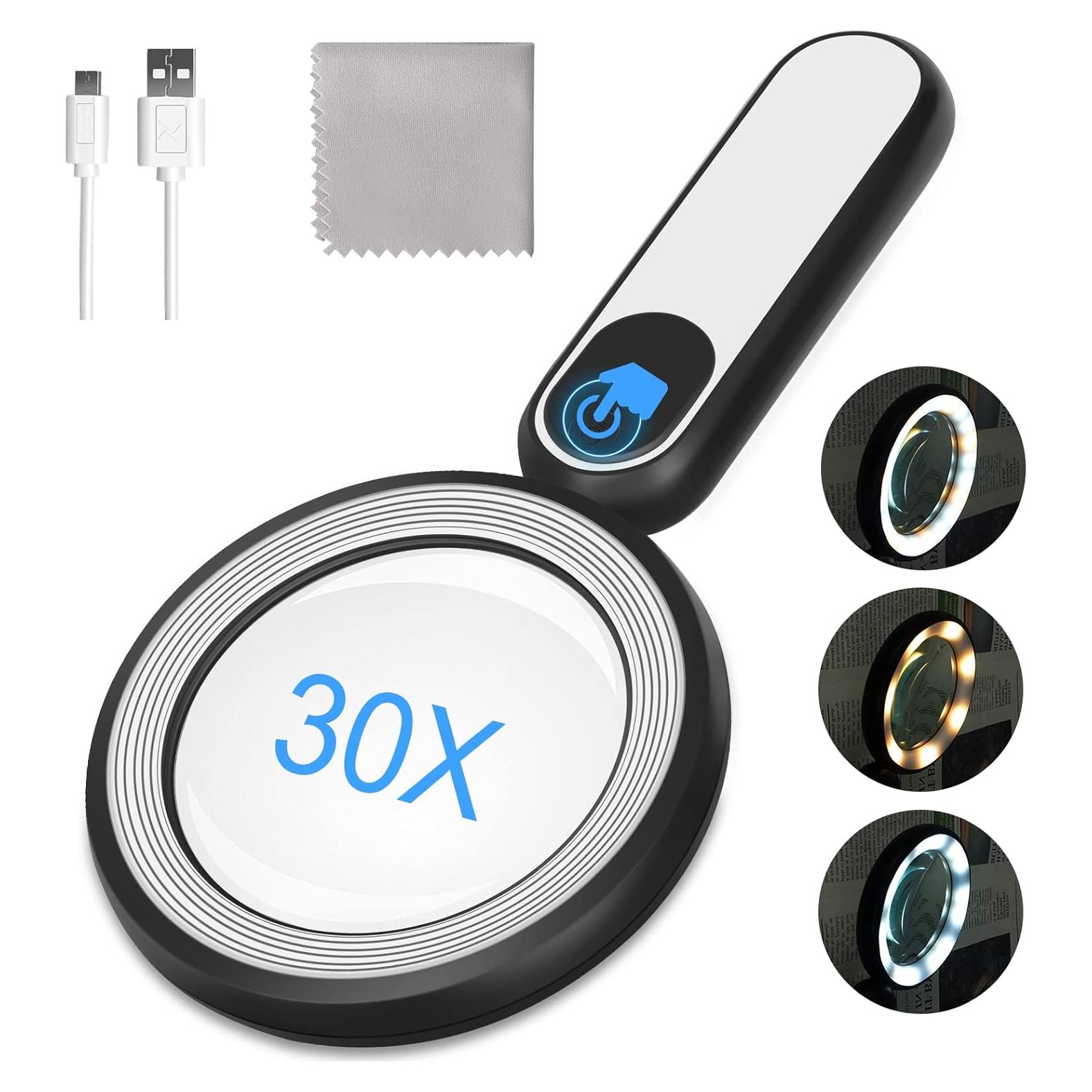 Lupa Recargable Arsir 30X con Luz LED 4.7" para Lectura