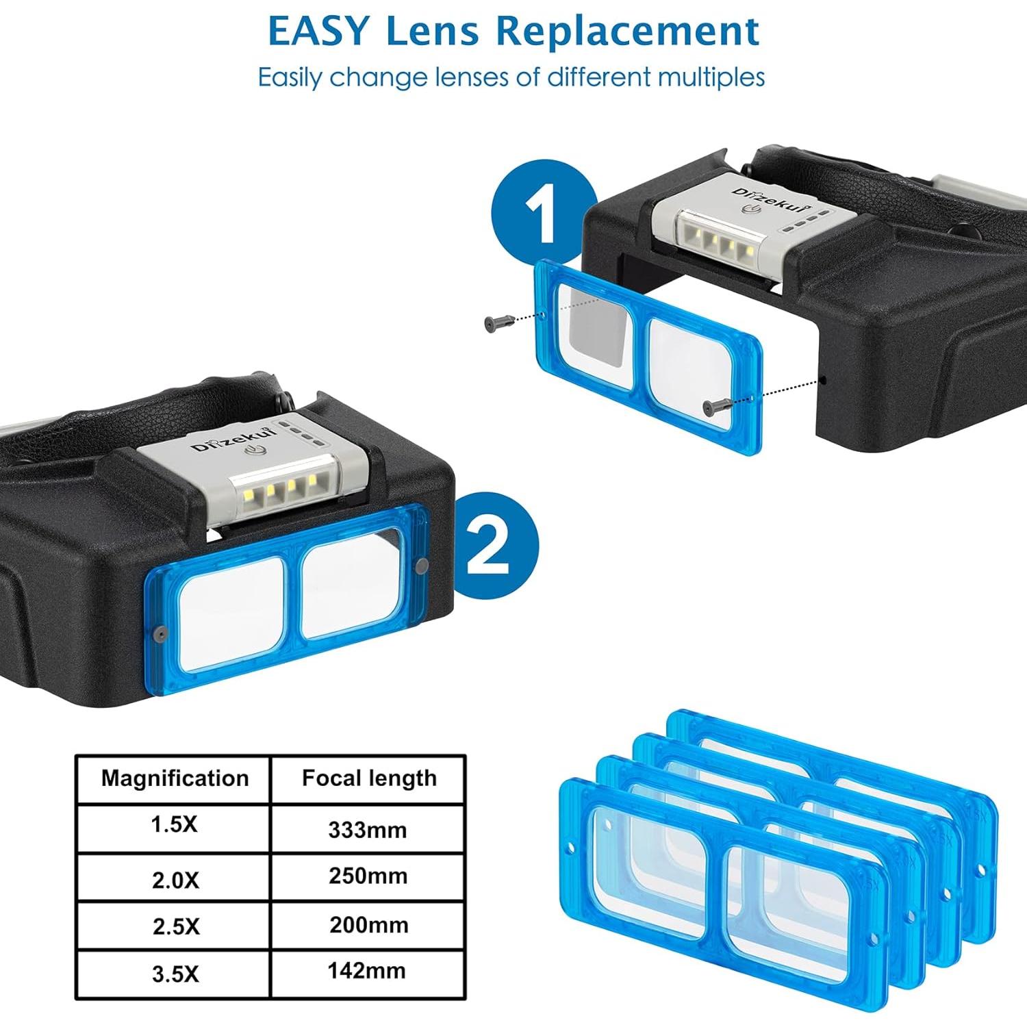 Lupa de diadema Dilzekui con luz LED 1.5X a 3.5X