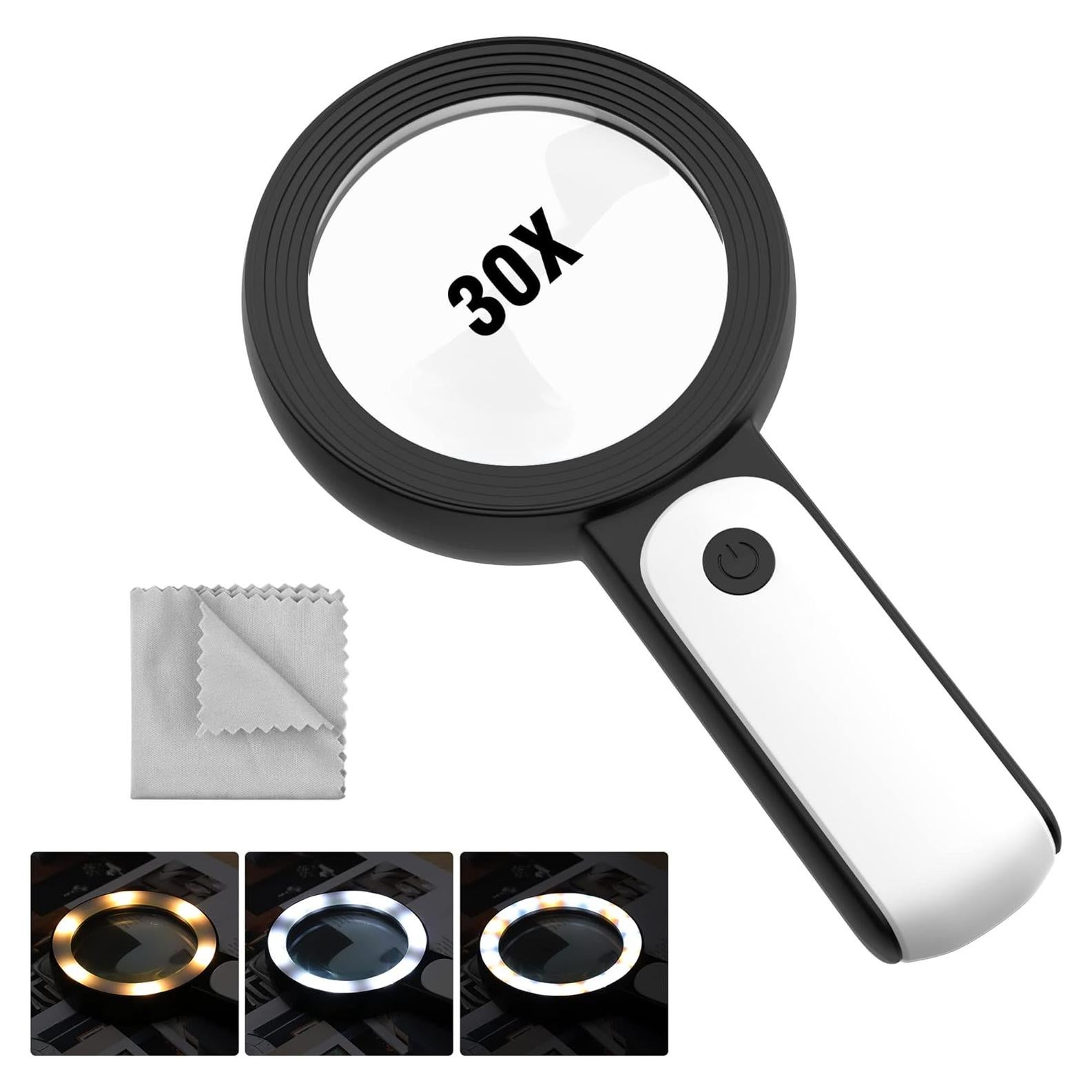 Lupa MoKo 30X con Luz LED, 18 LEDs, Ergonomía, Negra