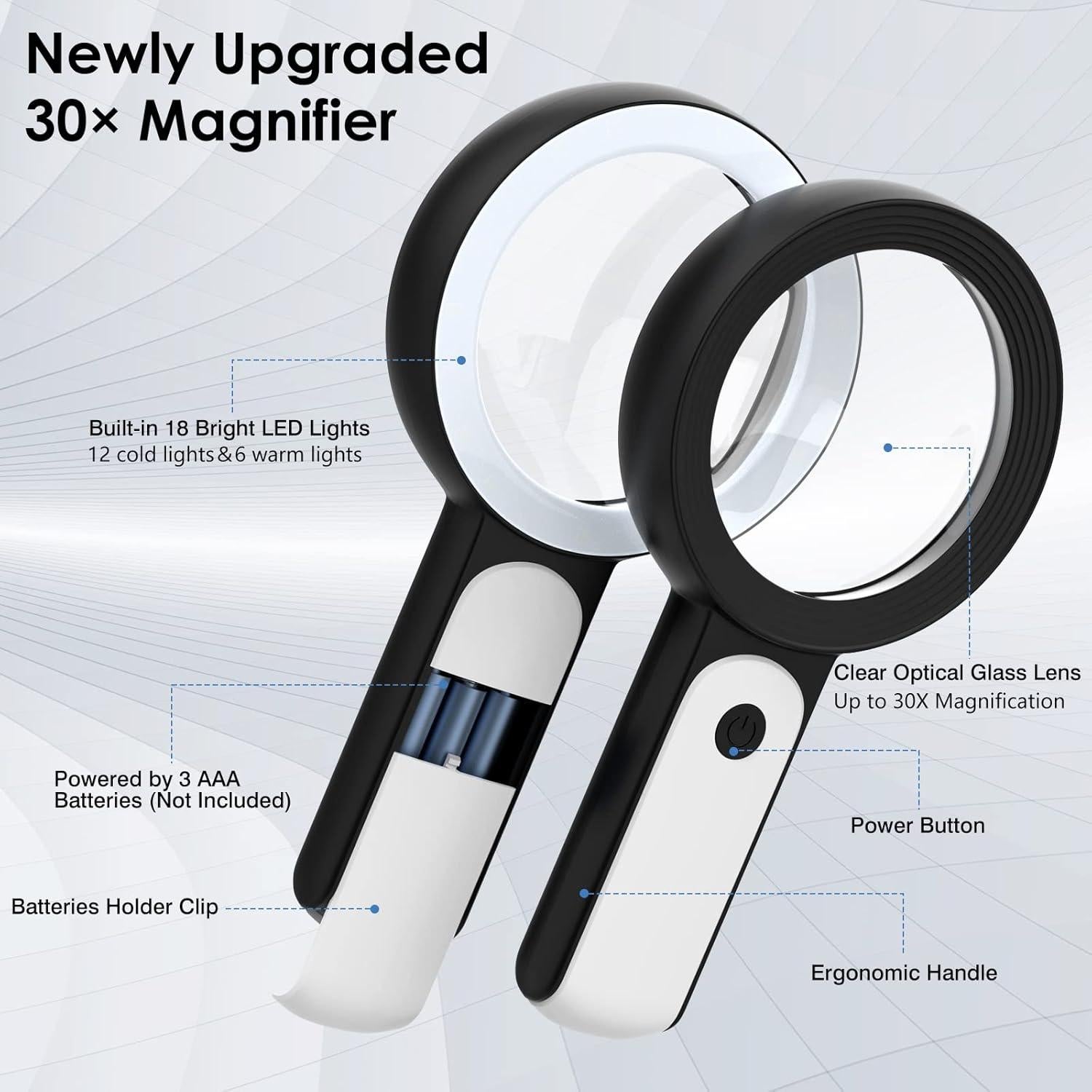 Lupa MoKo 30X con Luz LED, 18 LEDs, Ergonomía, Negra