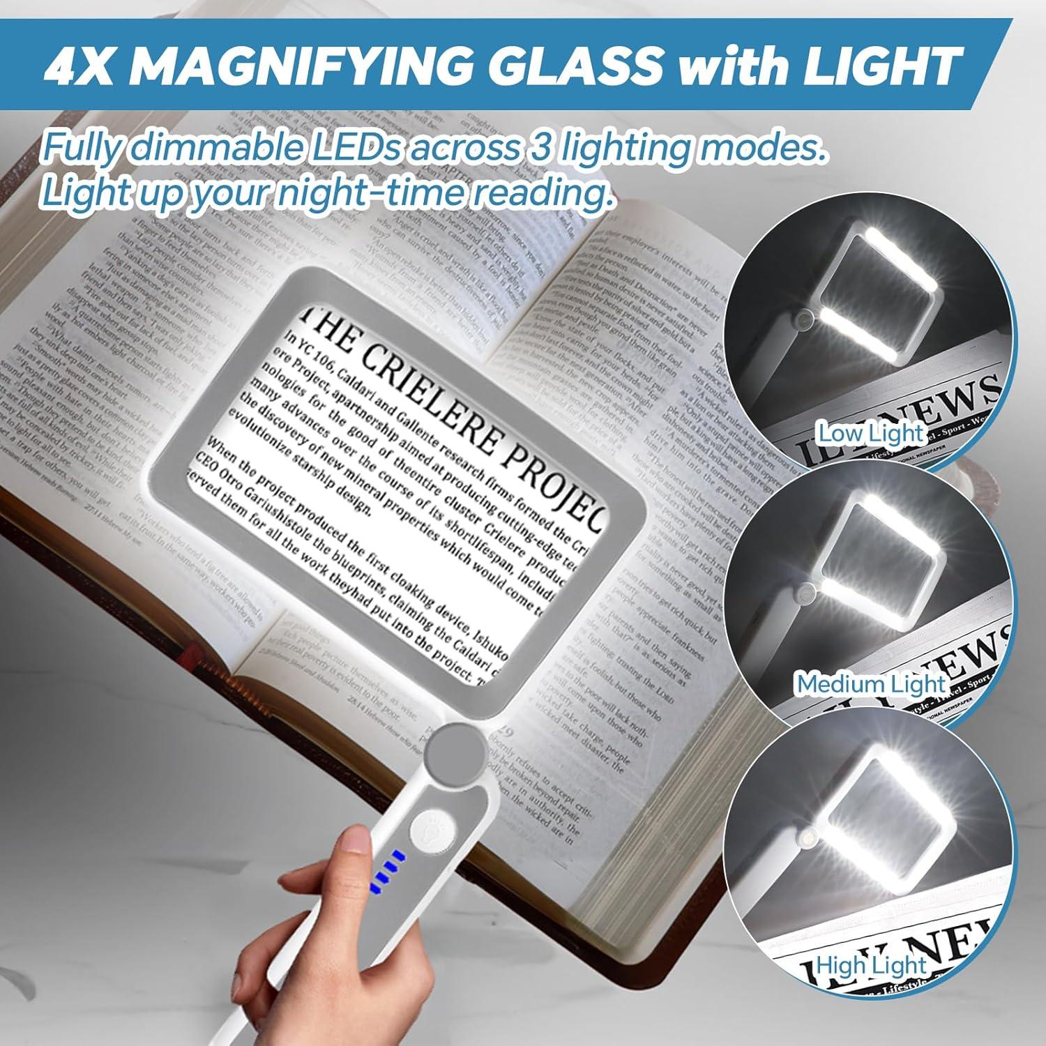 Lupa de Lectura Milerong 4X con Luz LED Recargable Grande