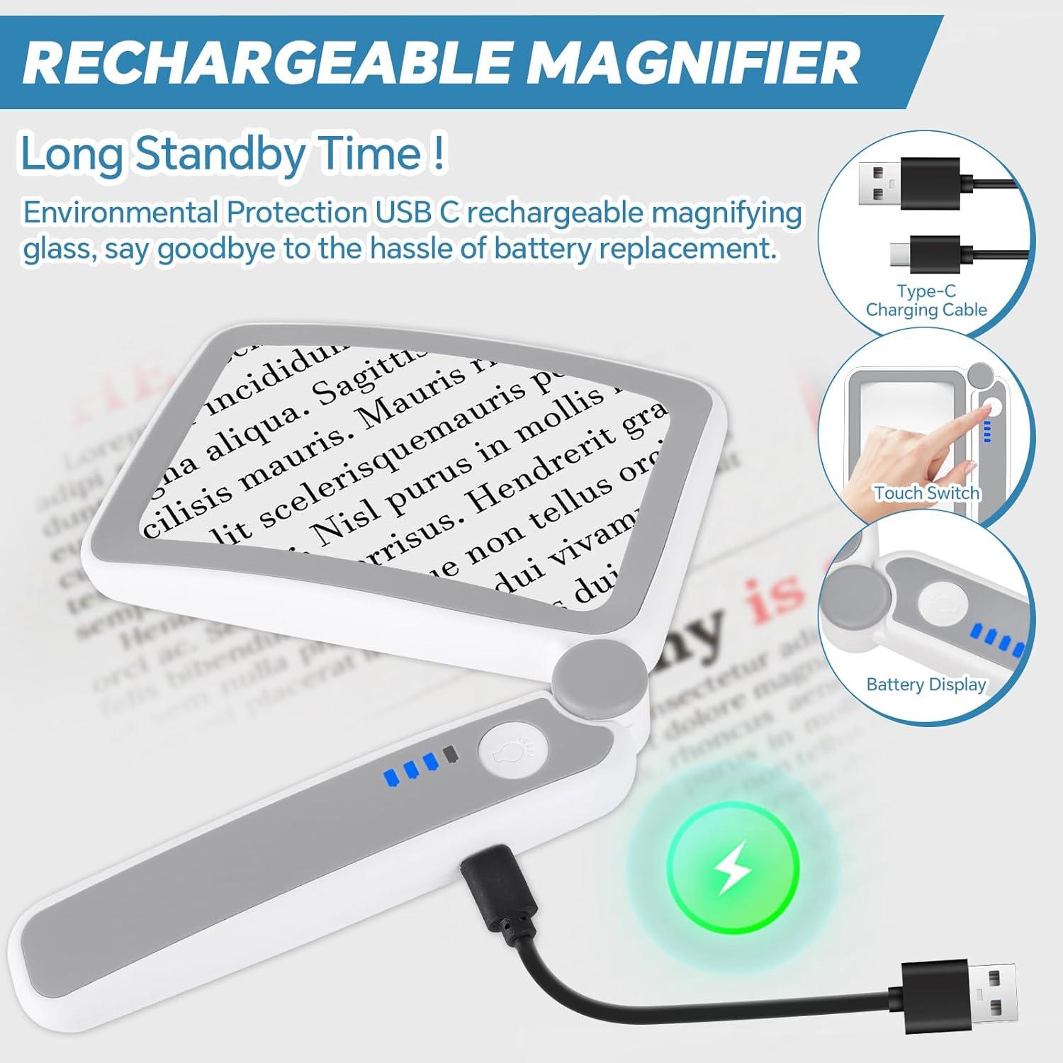 Lupa de Lectura Milerong 4X con Luz LED Recargable Grande