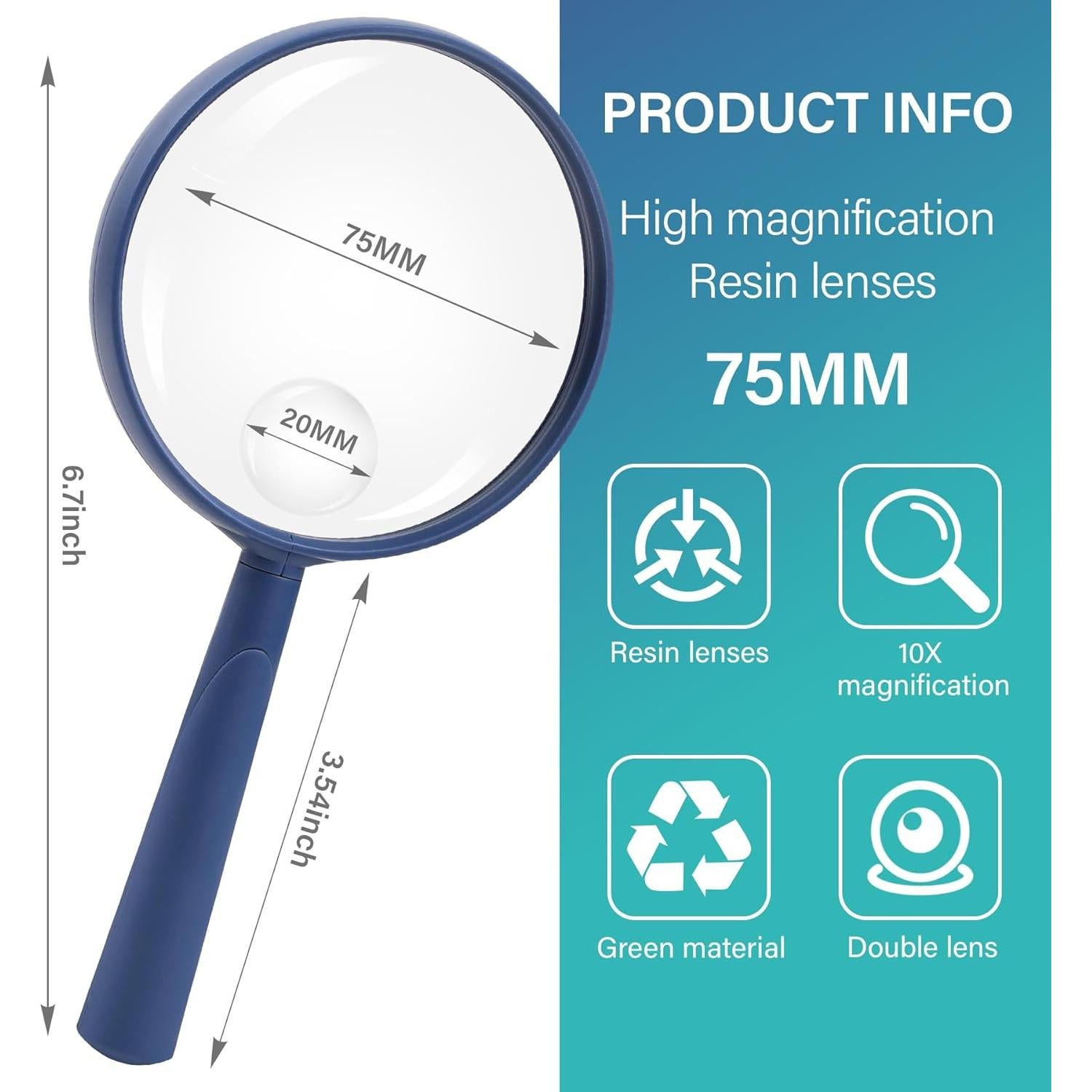 Lupa de Mano Feosky 10X 30X Lente Acrílica 75mm Azul Marino