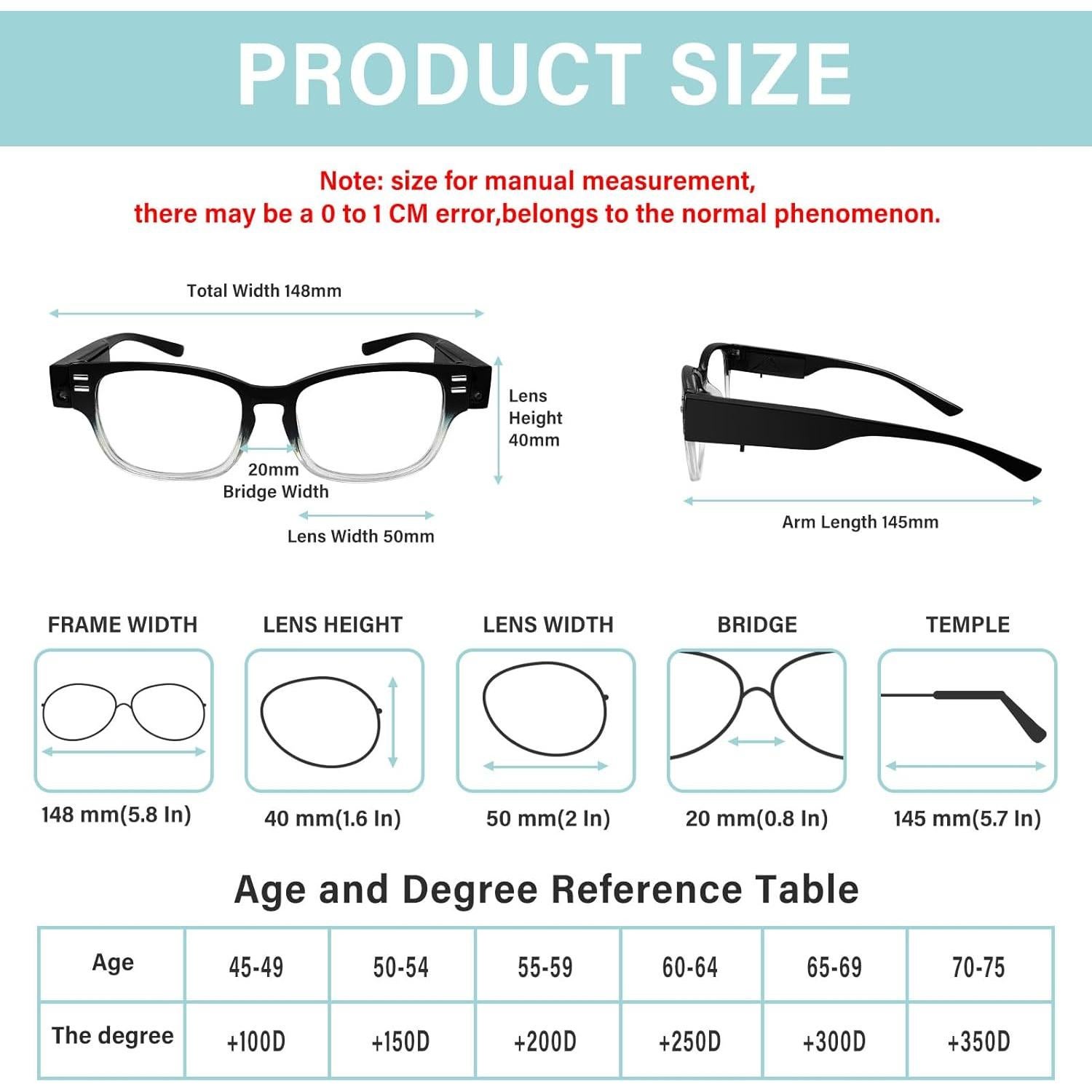 Gafas de lectura DUANMEI con luz LED +200 unisex