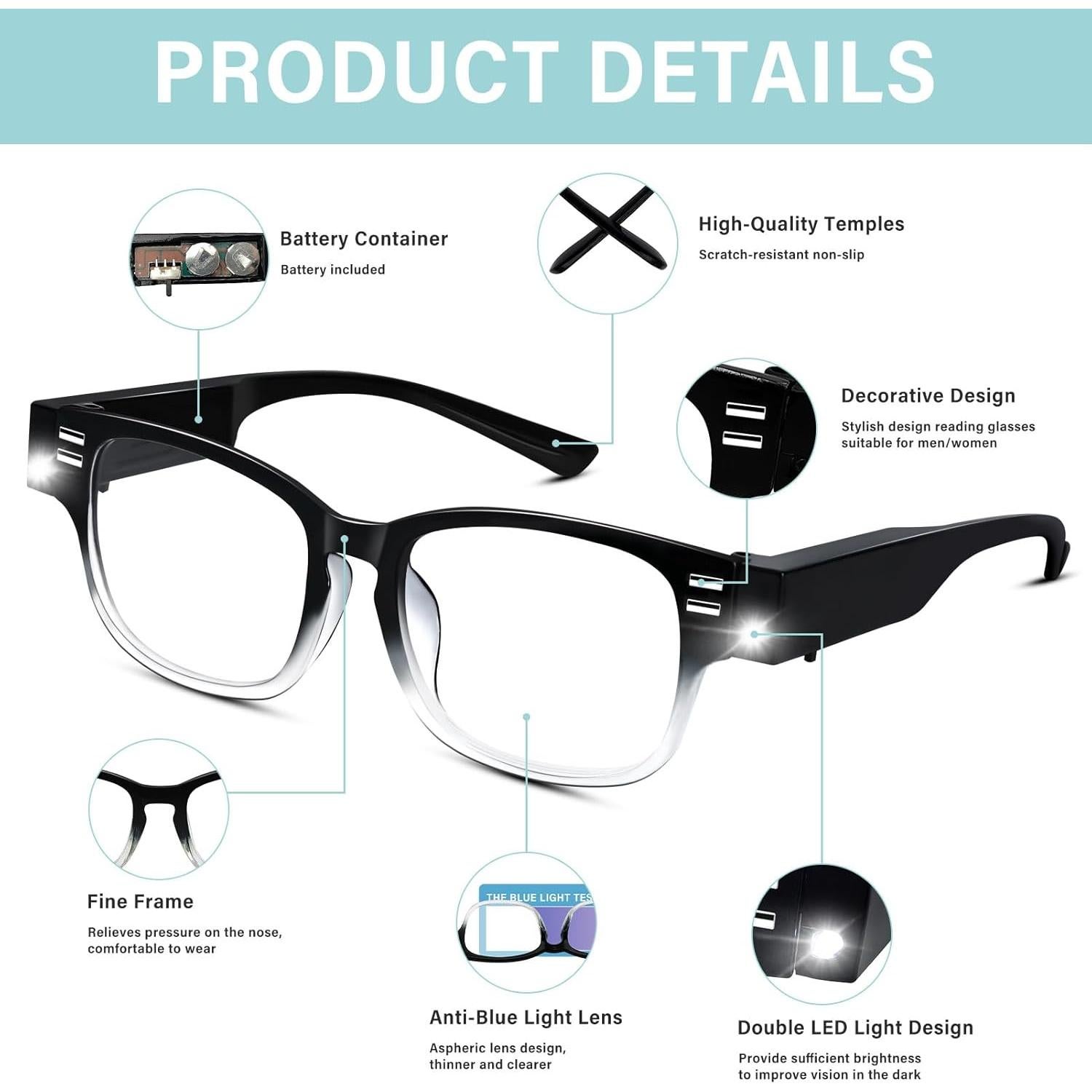 Gafas de lectura DUANMEI con luz LED +200 unisex