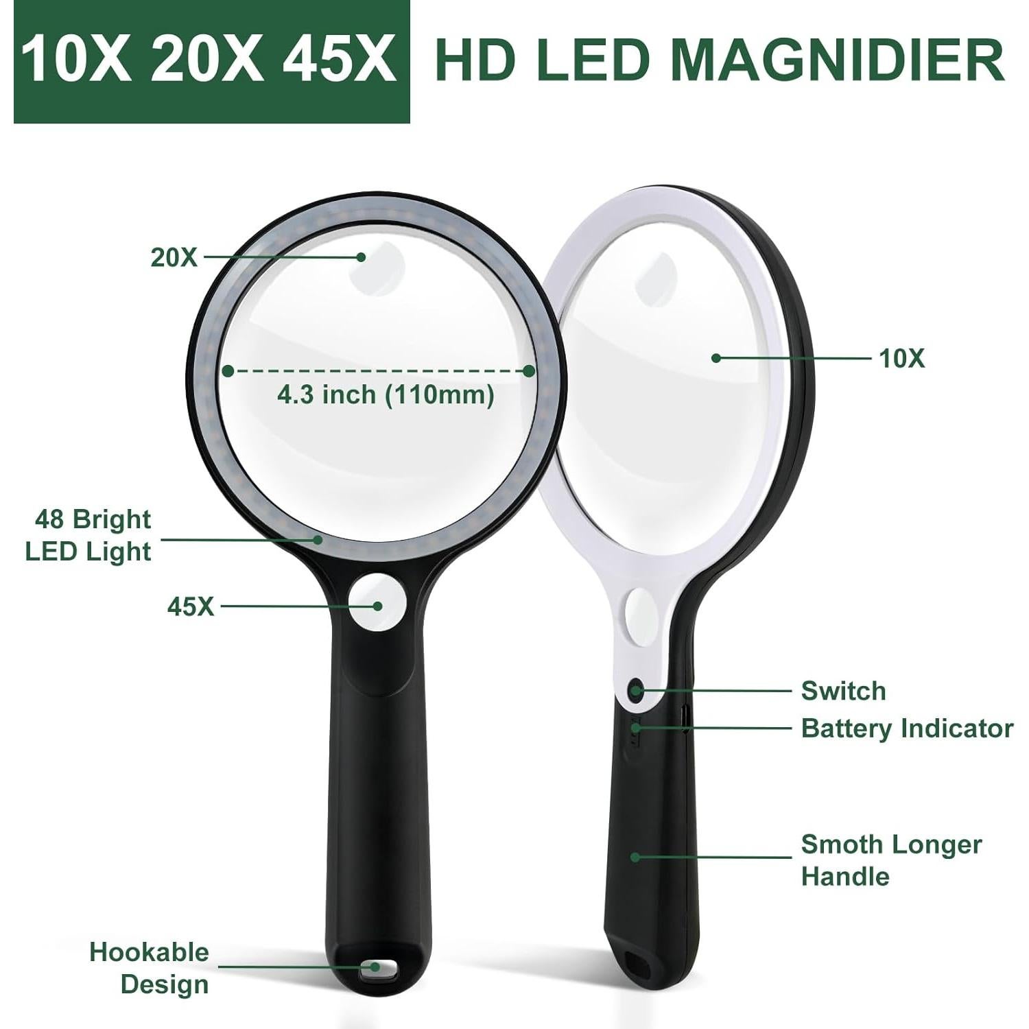 Lupa iluminada recargable BASEJKCO 4.3" 10X 20X 45X LED