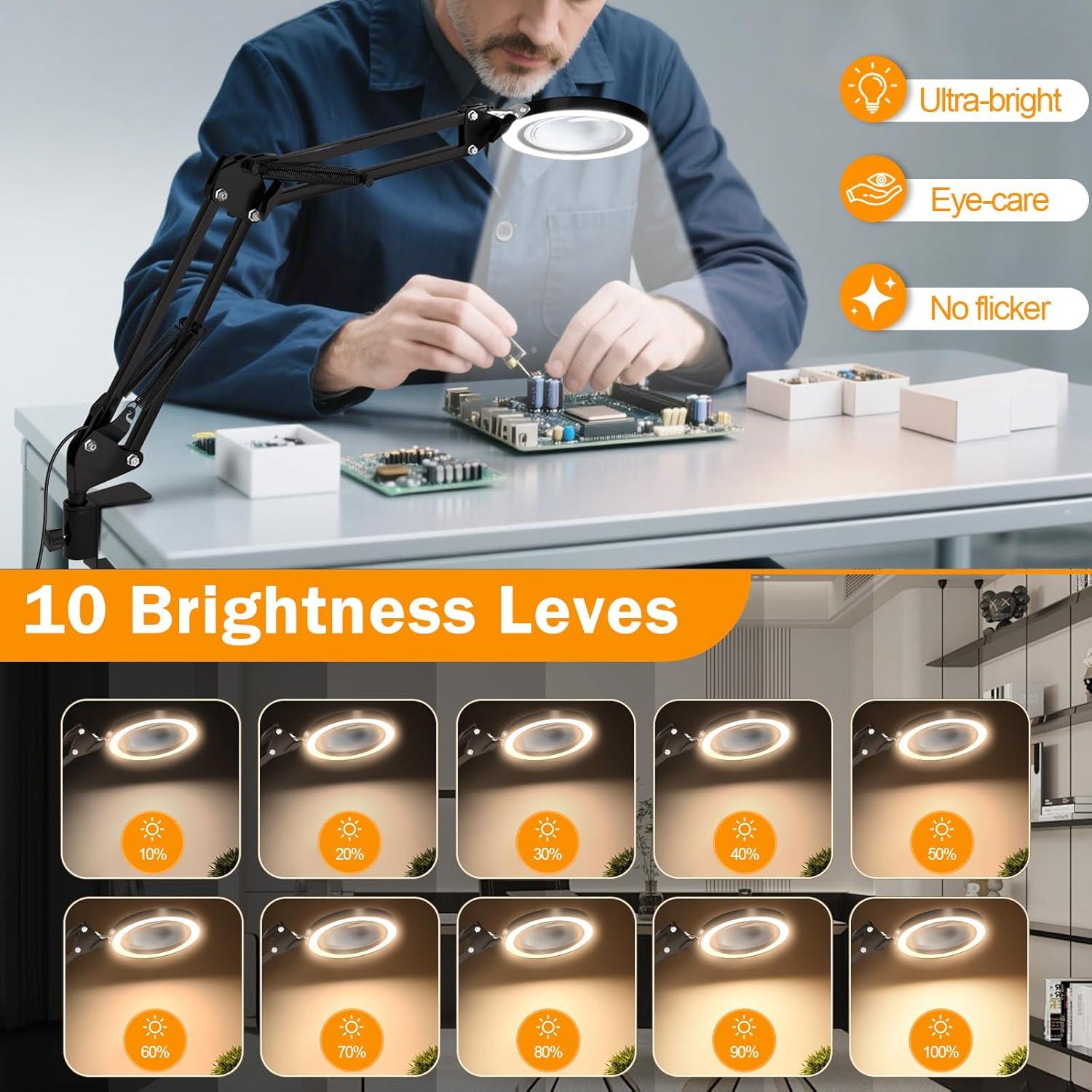 Lupa de 10X con Luz LED HQGZQL, Lámpara de Escritorio