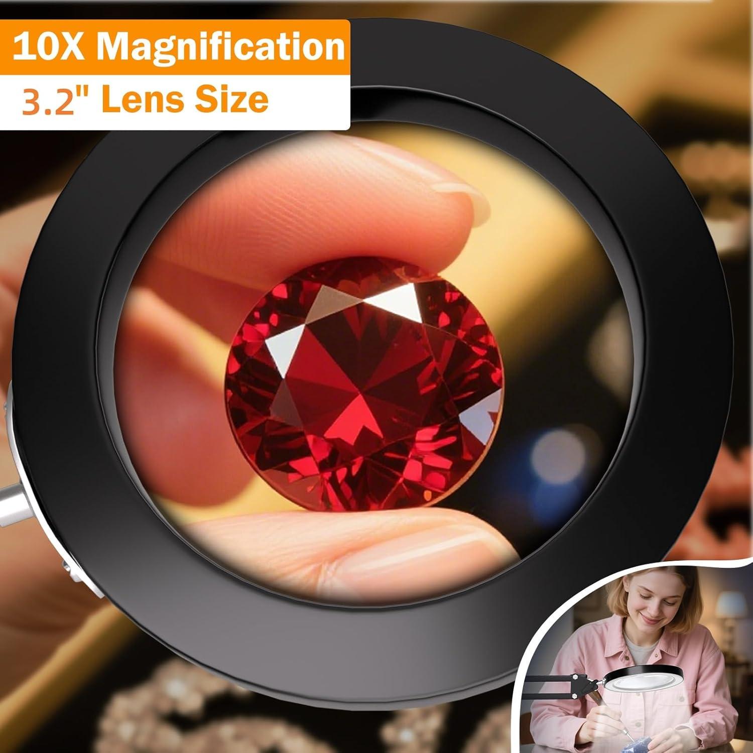 Lupa de 10X con Luz LED HQGZQL, Lámpara de Escritorio