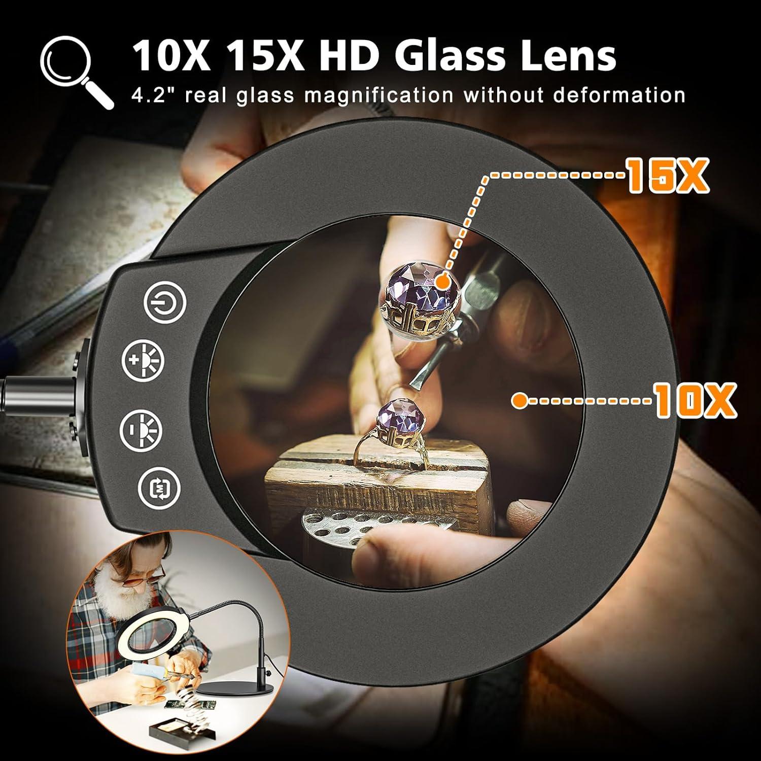 Lupa de escritorio JUBOR 10X 15X con luz LED y soporte