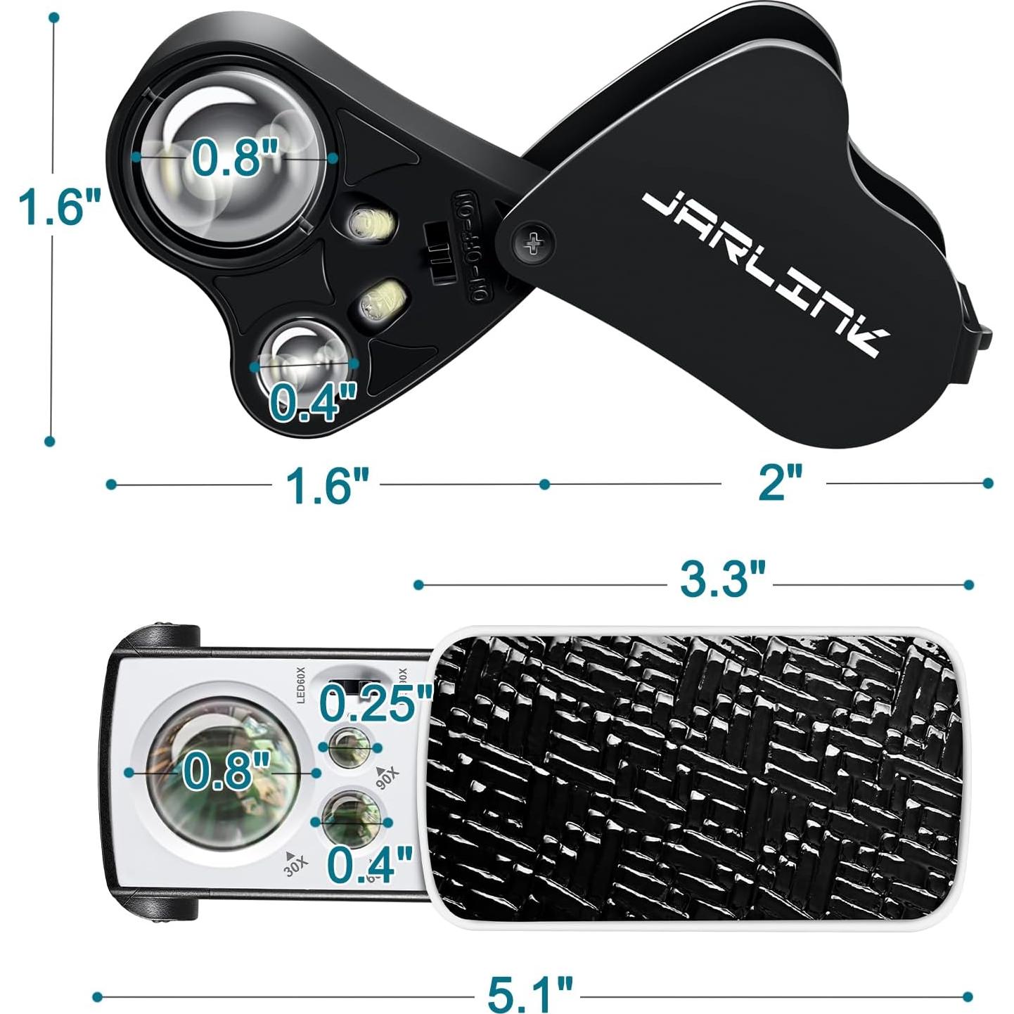 Lupa de Joyero JARLINK 2 Pack con Luz LED y UV 30X 60X 90X