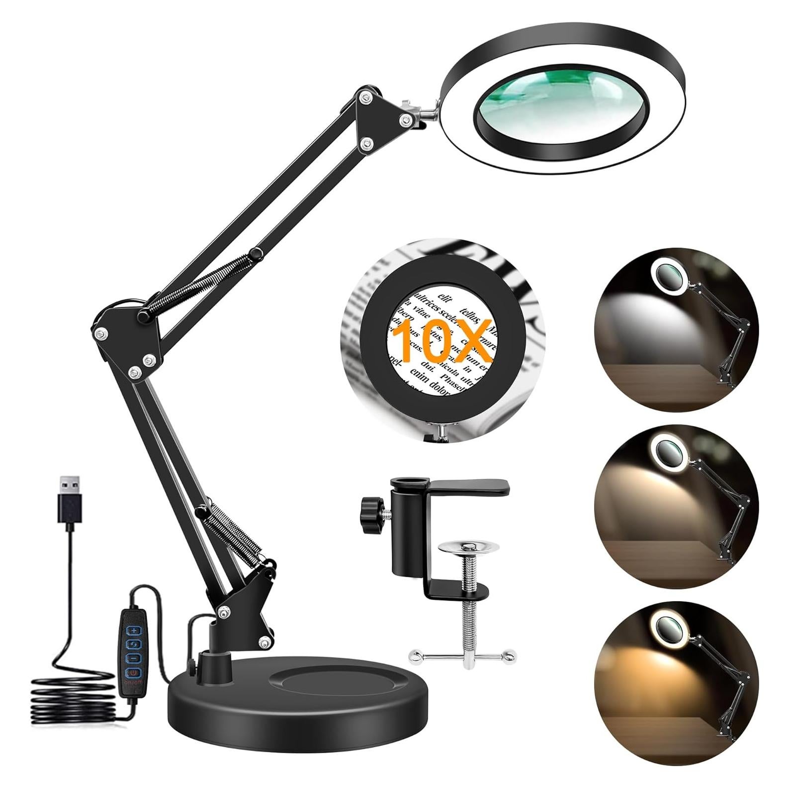 Lupa de 10X Hviww con Luz LED y Soporte Ajustable Negro