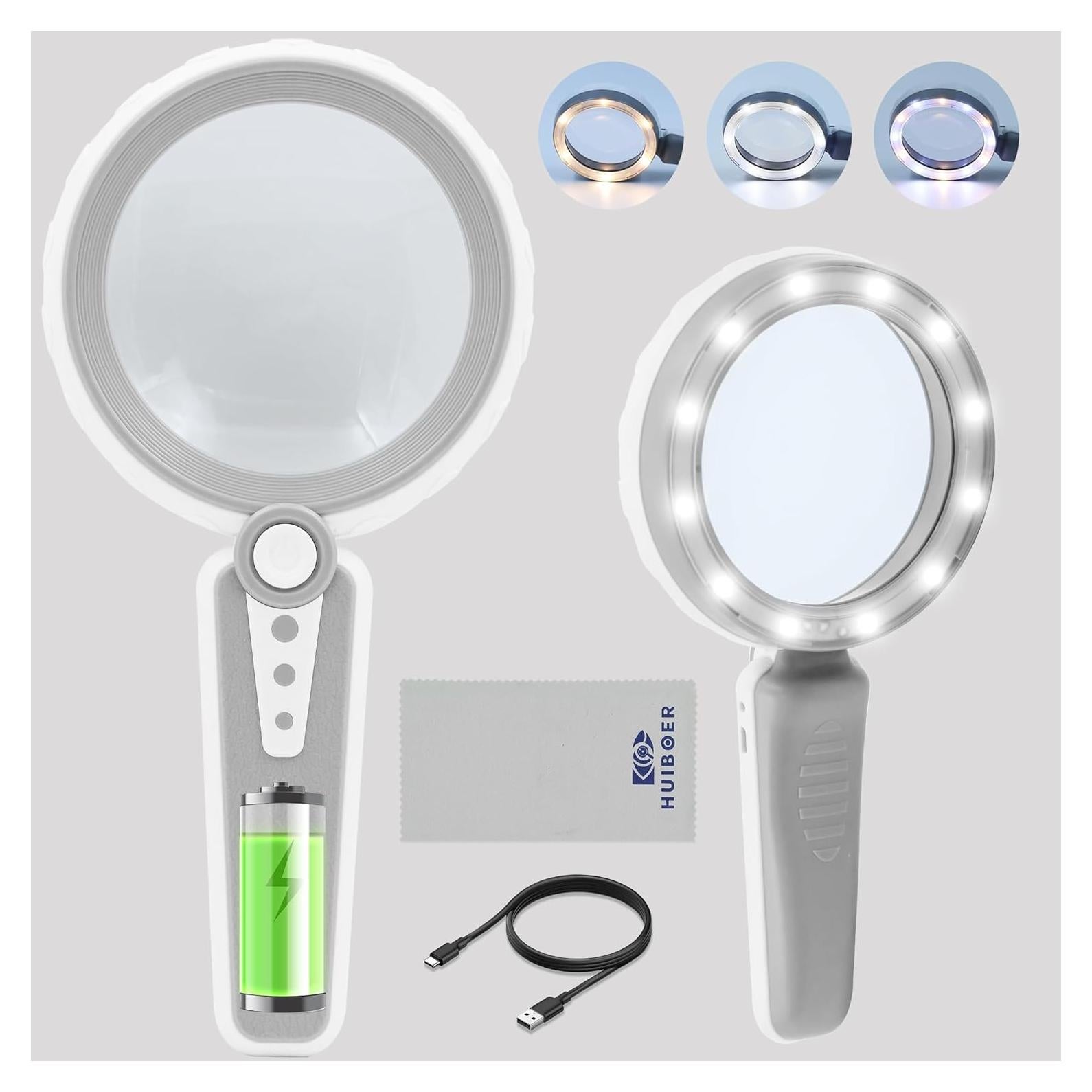 Lupa de Mano Huiboer 45X con Luz LED Recargable USB 4.6"