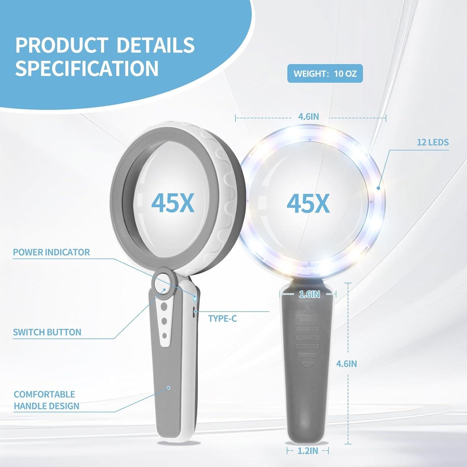 Lupa de Mano Huiboer 45X con Luz LED Recargable USB 4.6"