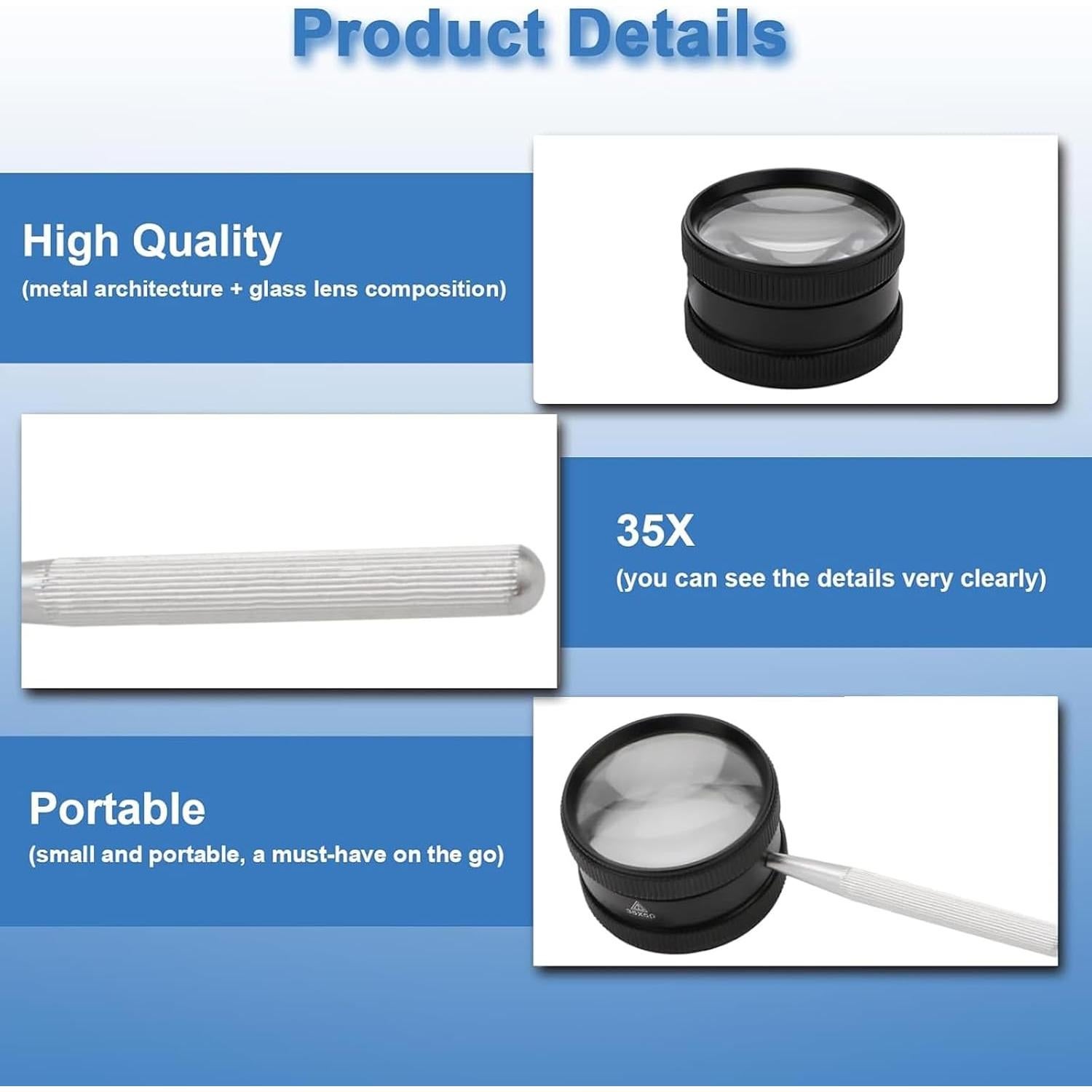 Lupa de Mano Rongon 35X con Lente de Vidrio 50mm Negra