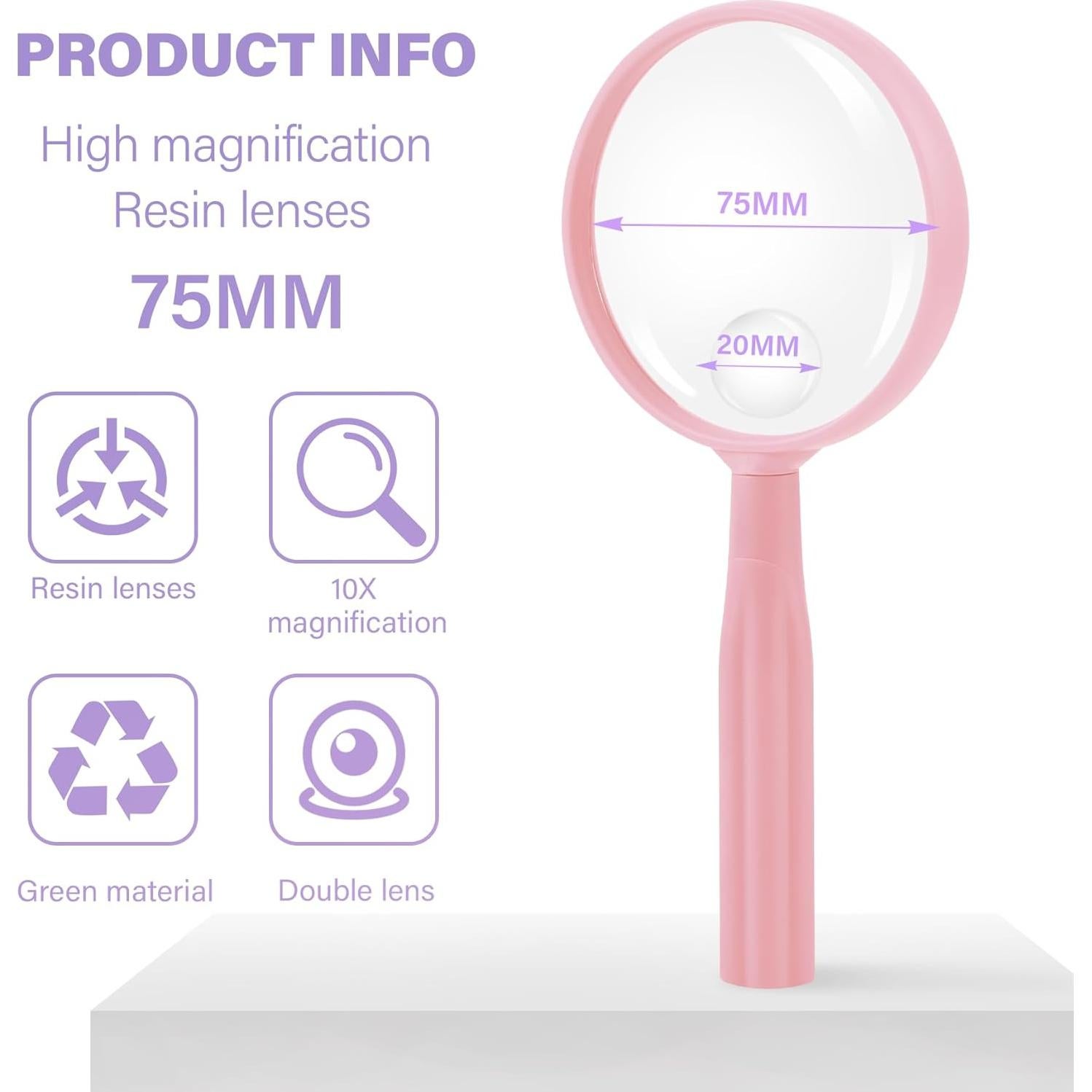 Lupa de Mano Lakei 10X 30X Rosa, Lente Acrílica 75mm