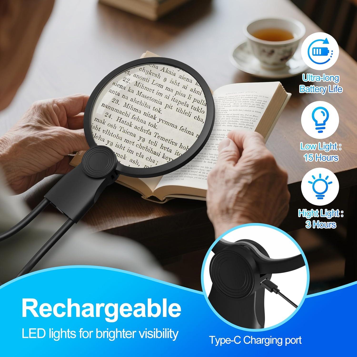 Lupa de Mano KINSUTO 5X con Luz LED Recargable para Lectura