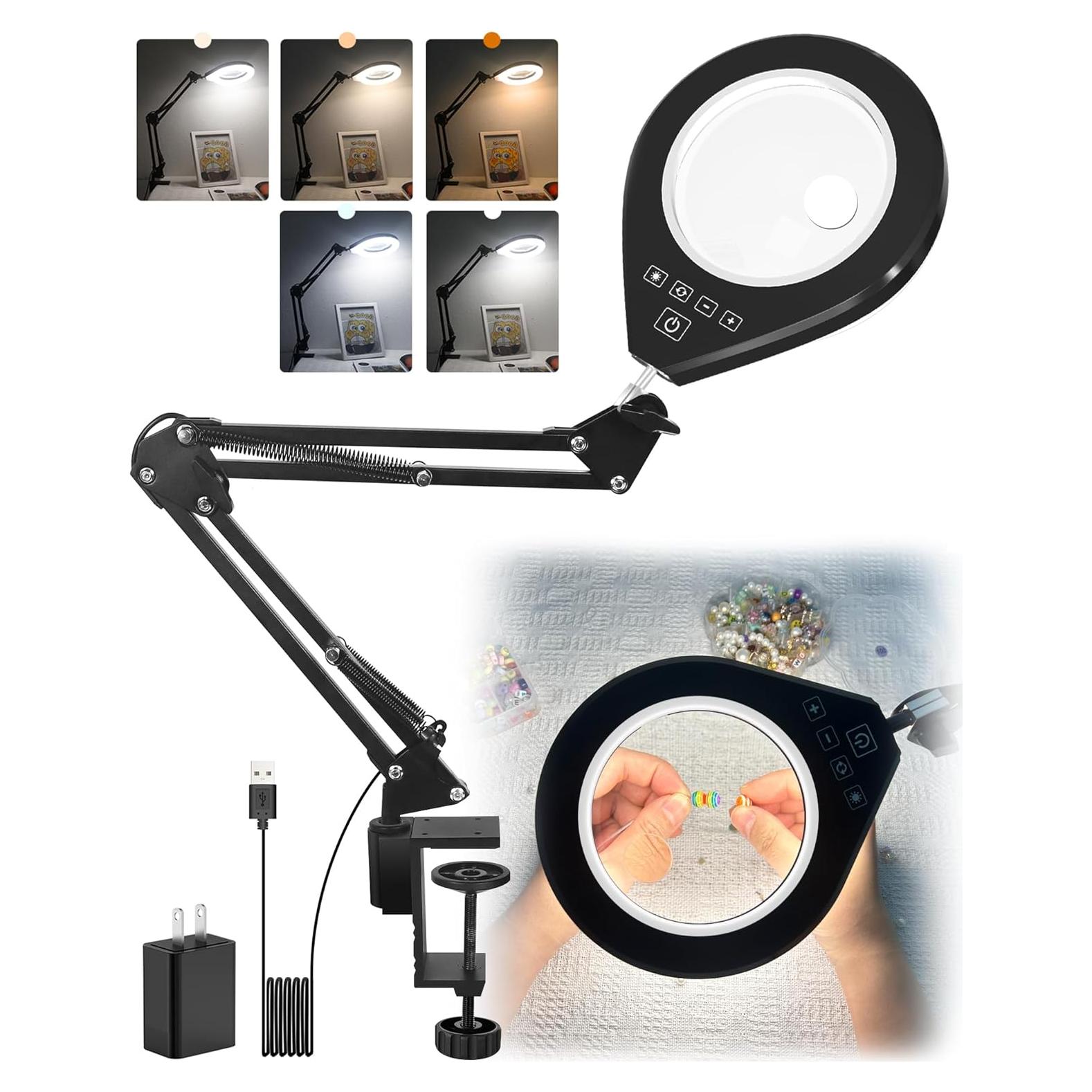 Lupa Iluminada NAKOOS 10X/5X con Luz Regulable y Abrazadera