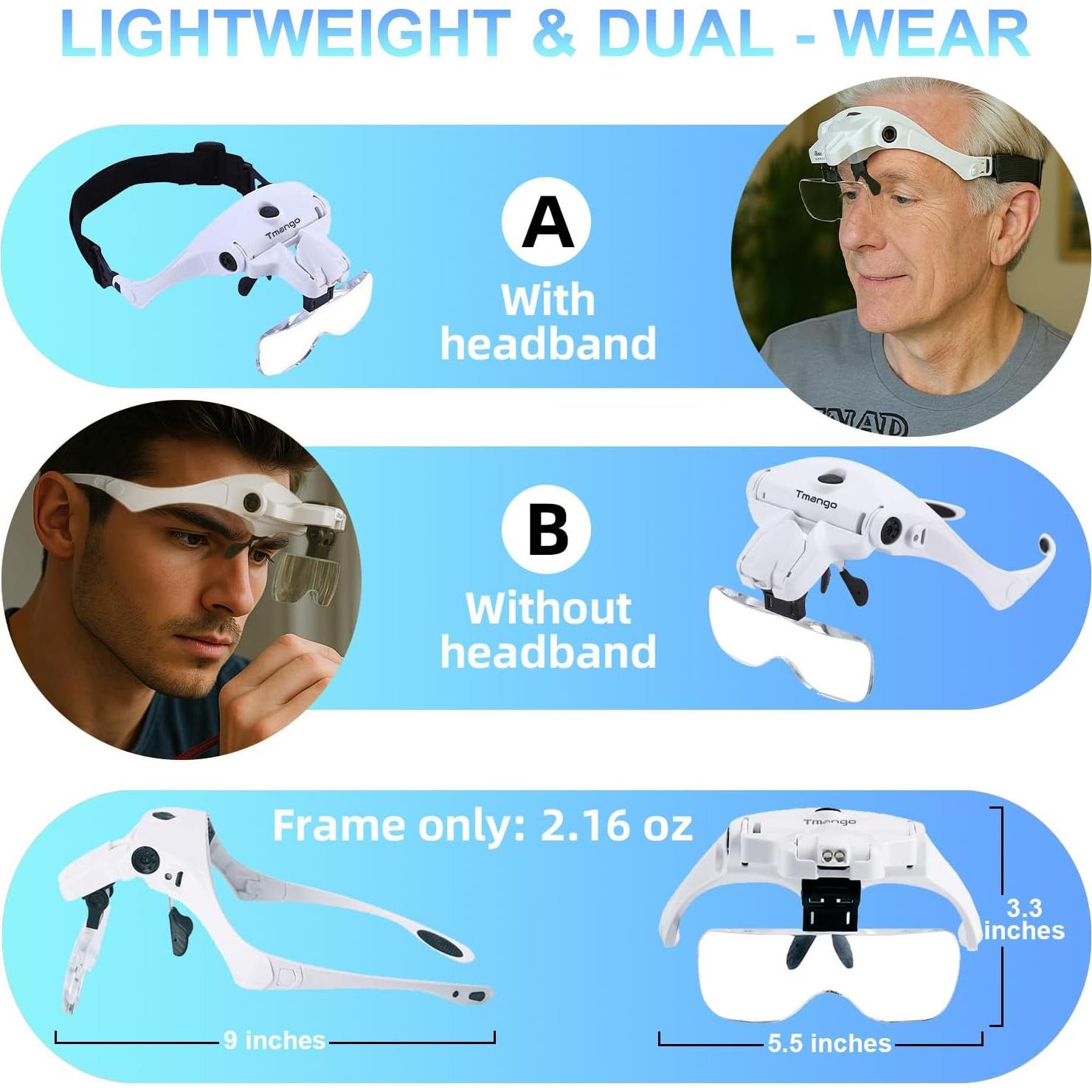 Gafas de aumento recargables TMANGO con luz LED y 5 lentes