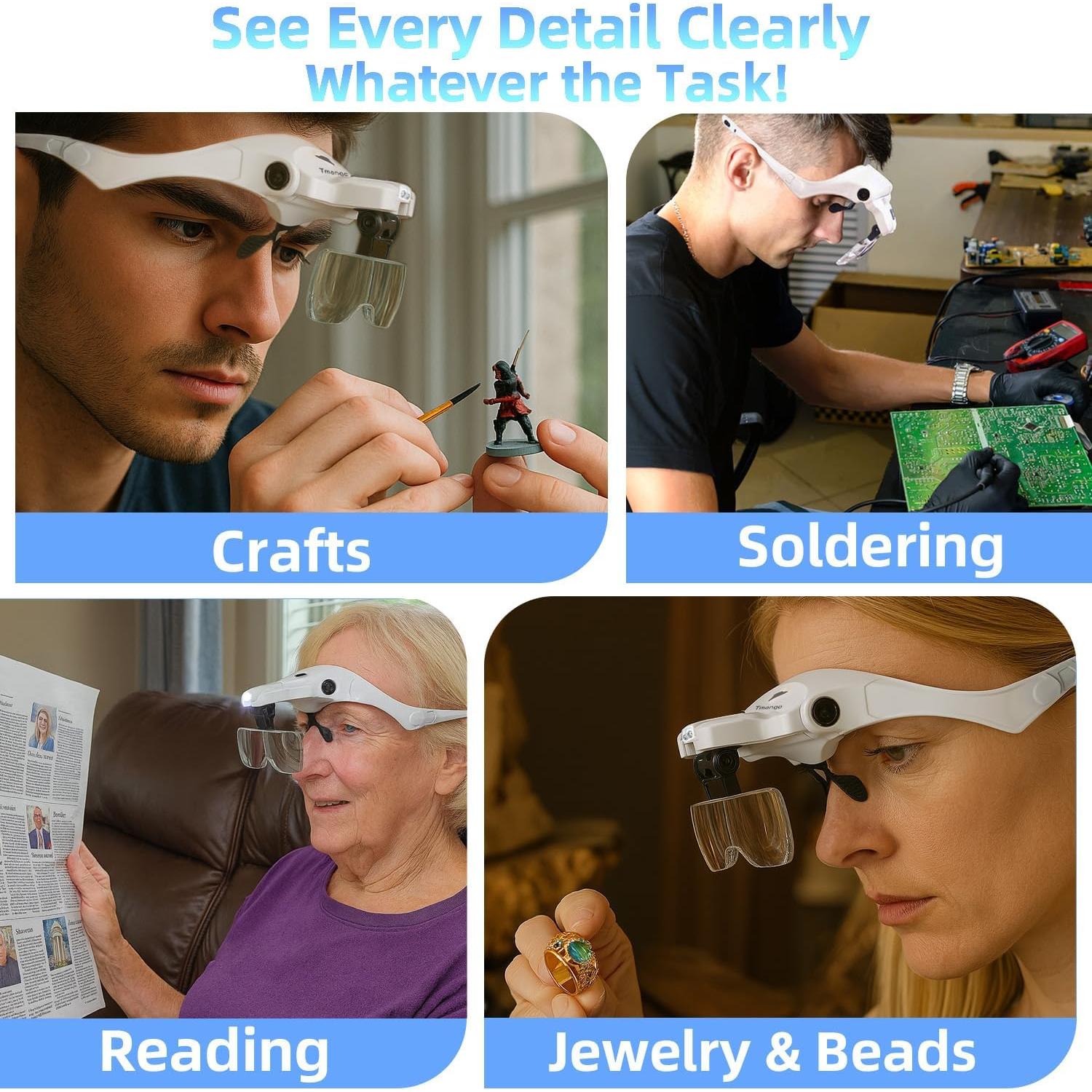 Gafas de aumento recargables TMANGO con luz LED y 5 lentes