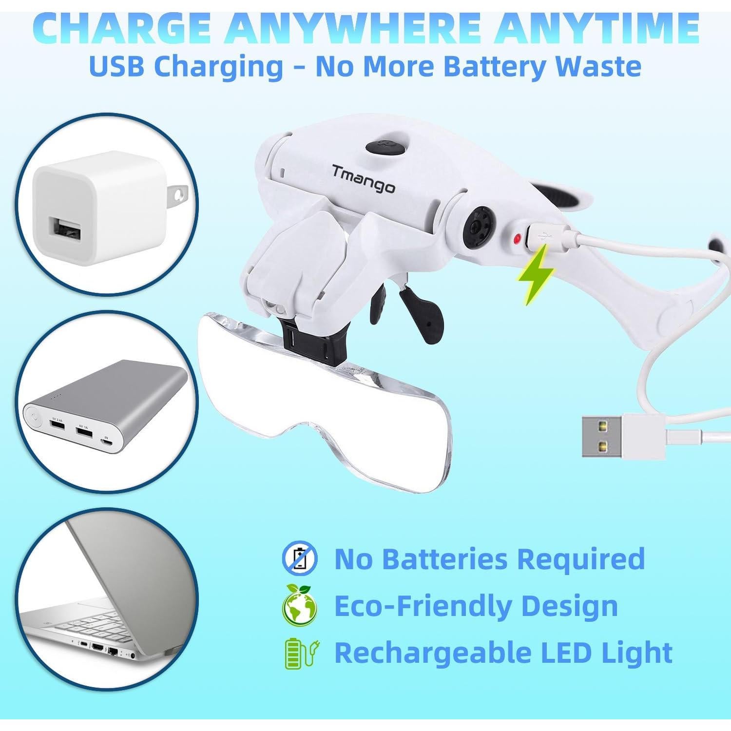 Gafas de aumento recargables TMANGO con luz LED y 5 lentes