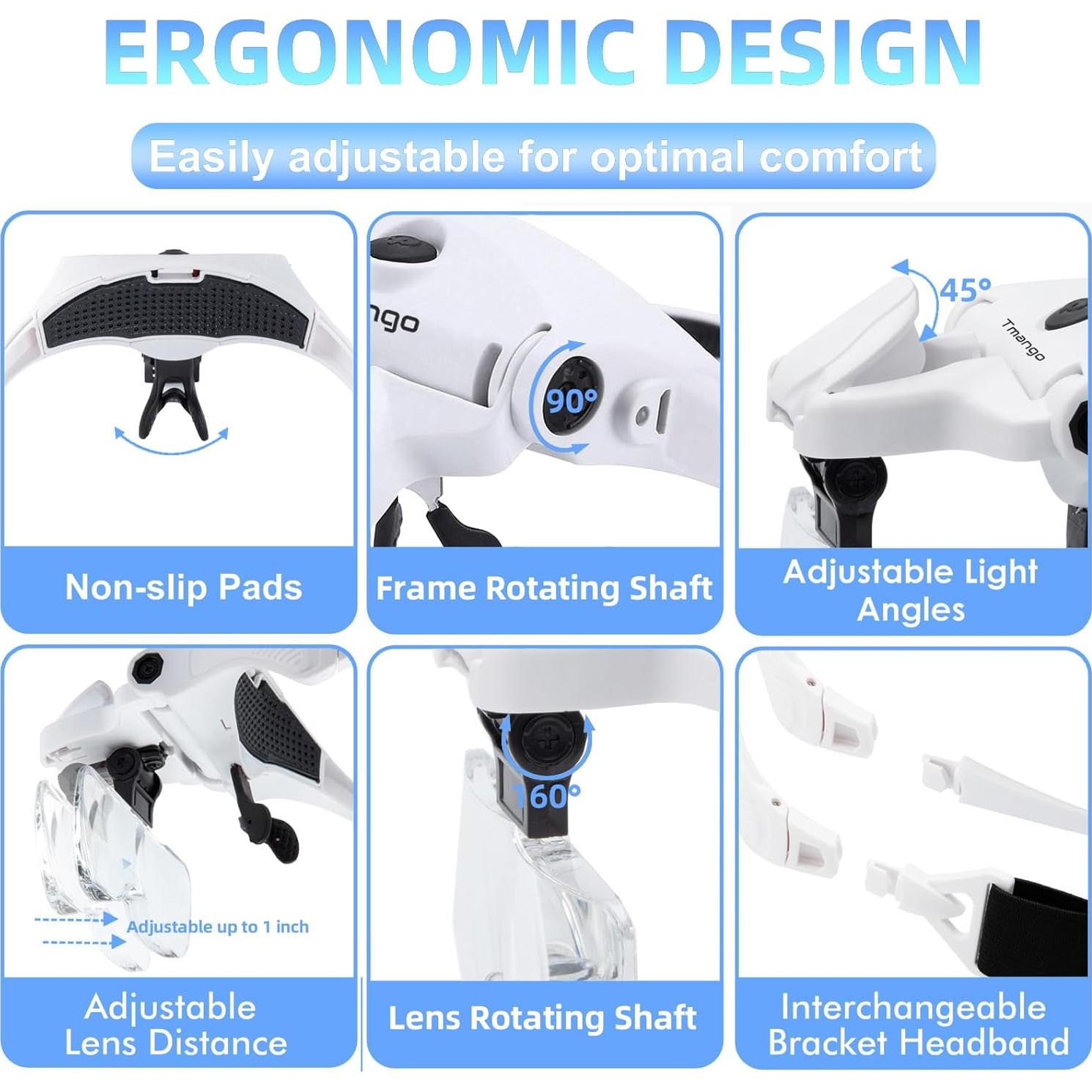 Gafas de aumento recargables TMANGO con luz LED y 5 lentes