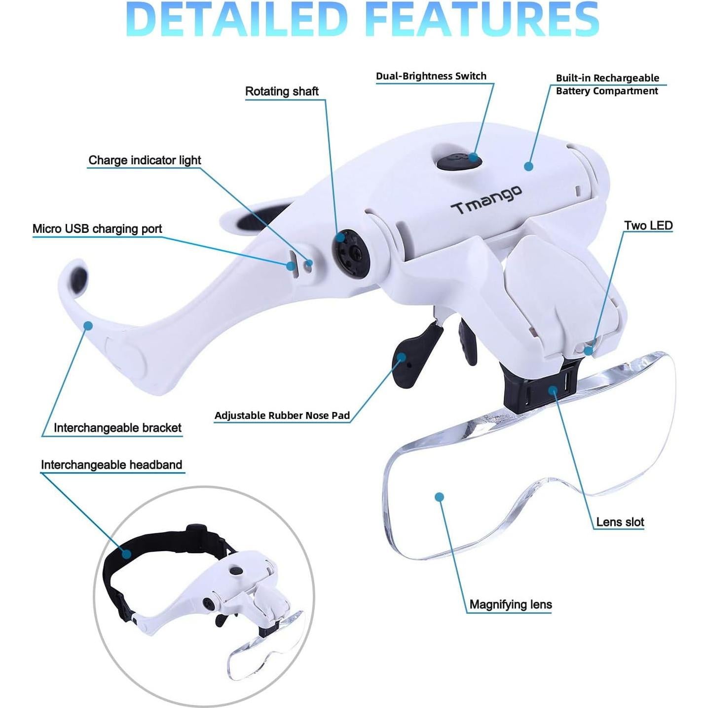 Gafas de aumento recargables TMANGO con luz LED y 5 lentes