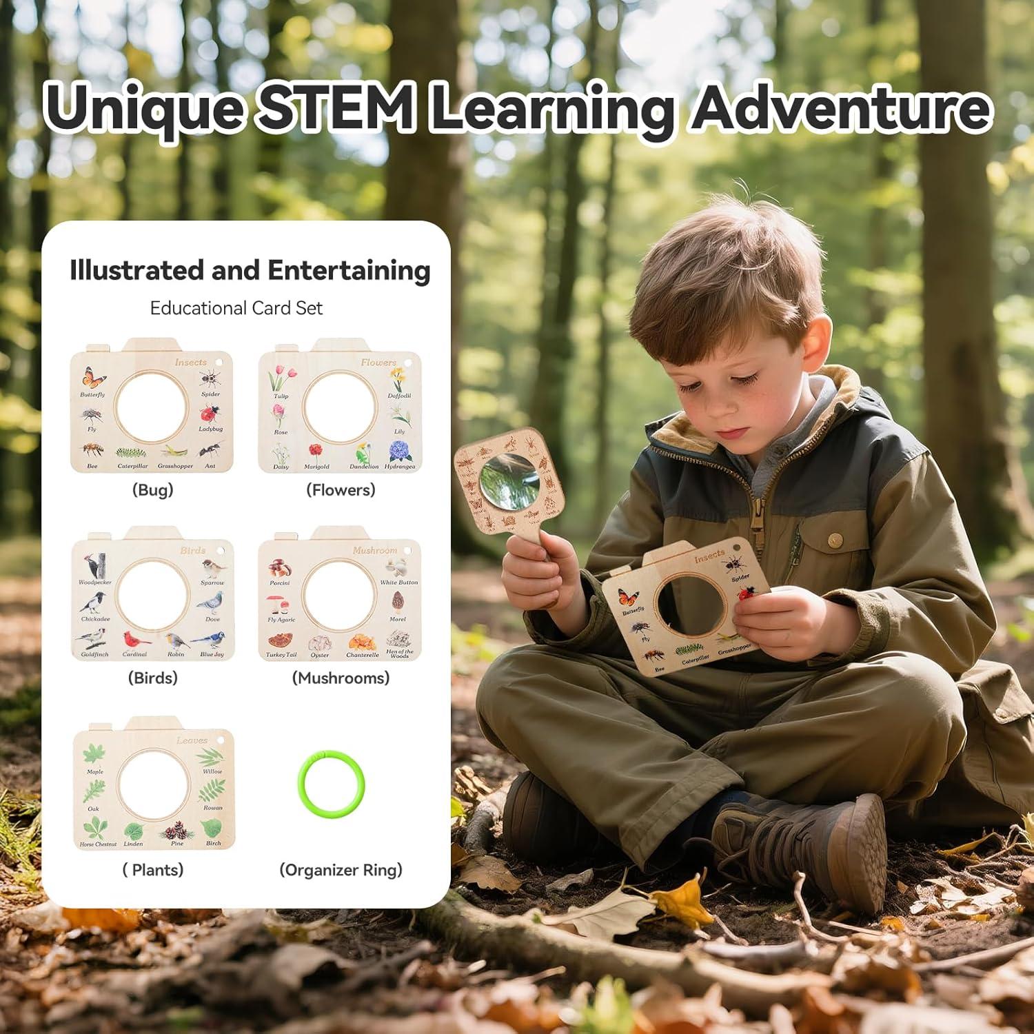 Lupa de Madera para Niños ibwaae con Tarjetas Educativas