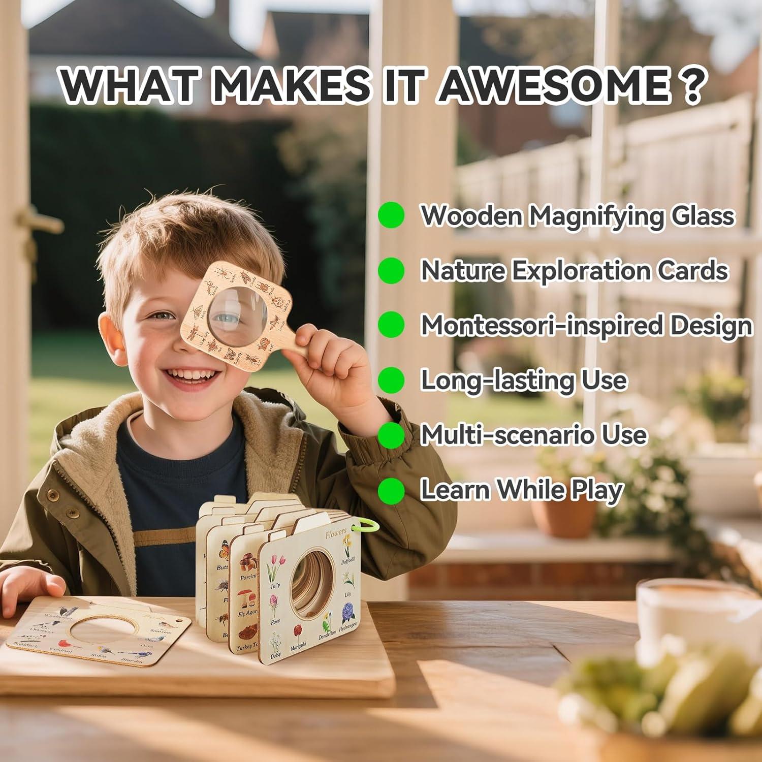 Lupa de Madera para Niños ibwaae con Tarjetas Educativas