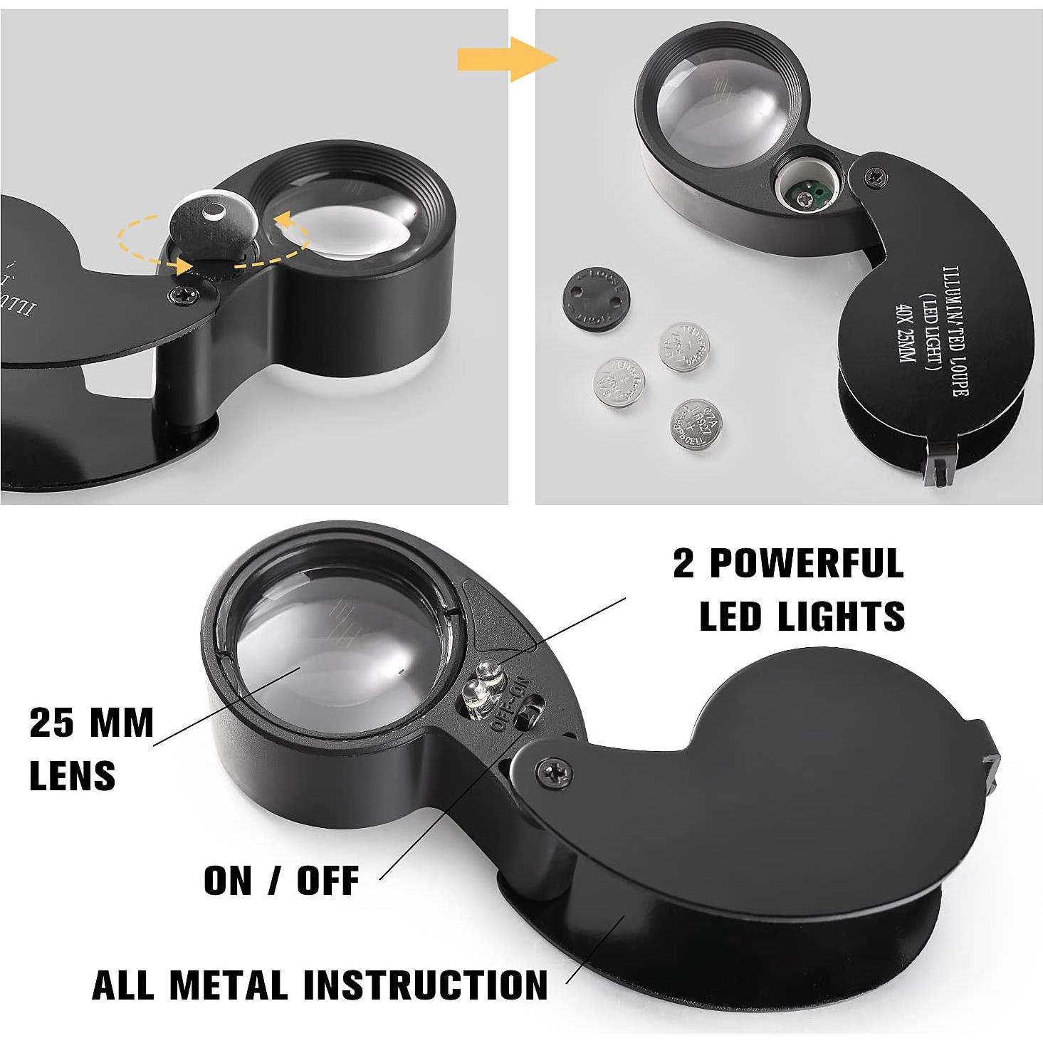 Lupa de bolsillo Amoper 6X 40X con luz LED y funda