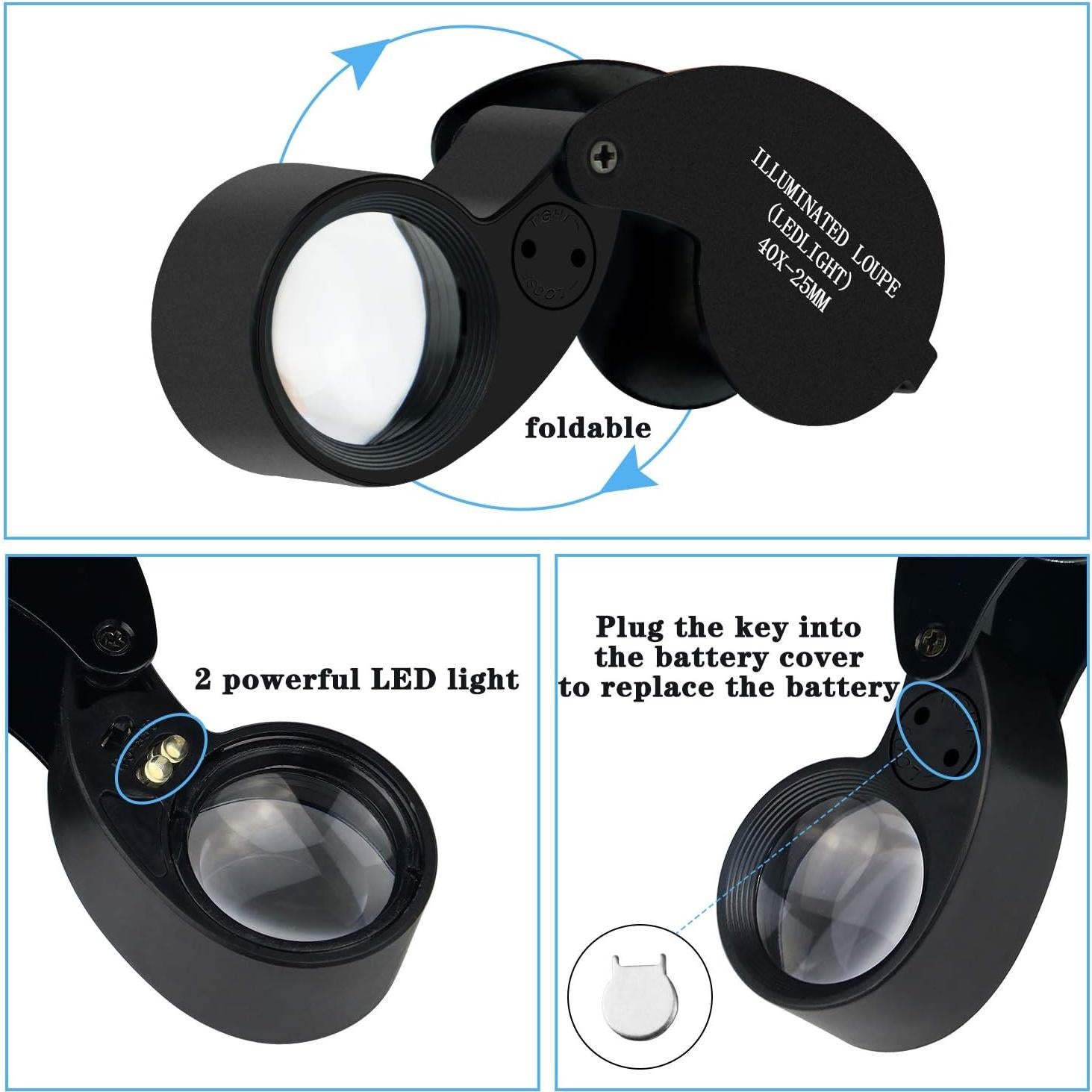 Lupa Beileshi 40X con LED y Lente de Vidrio Plegable