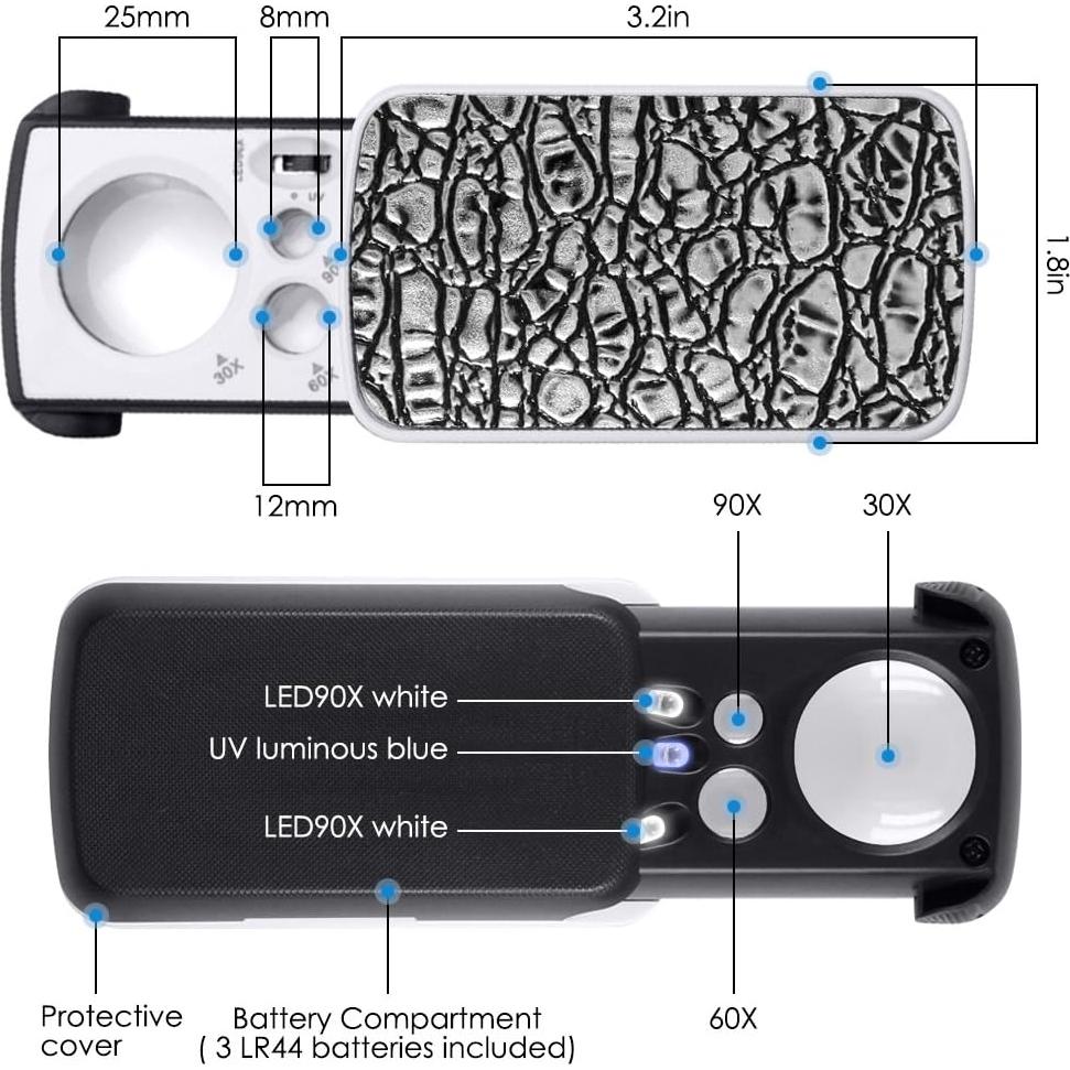 Lupa de Joyería AFUNTA con Luz LED 30X 60X 90X Plata