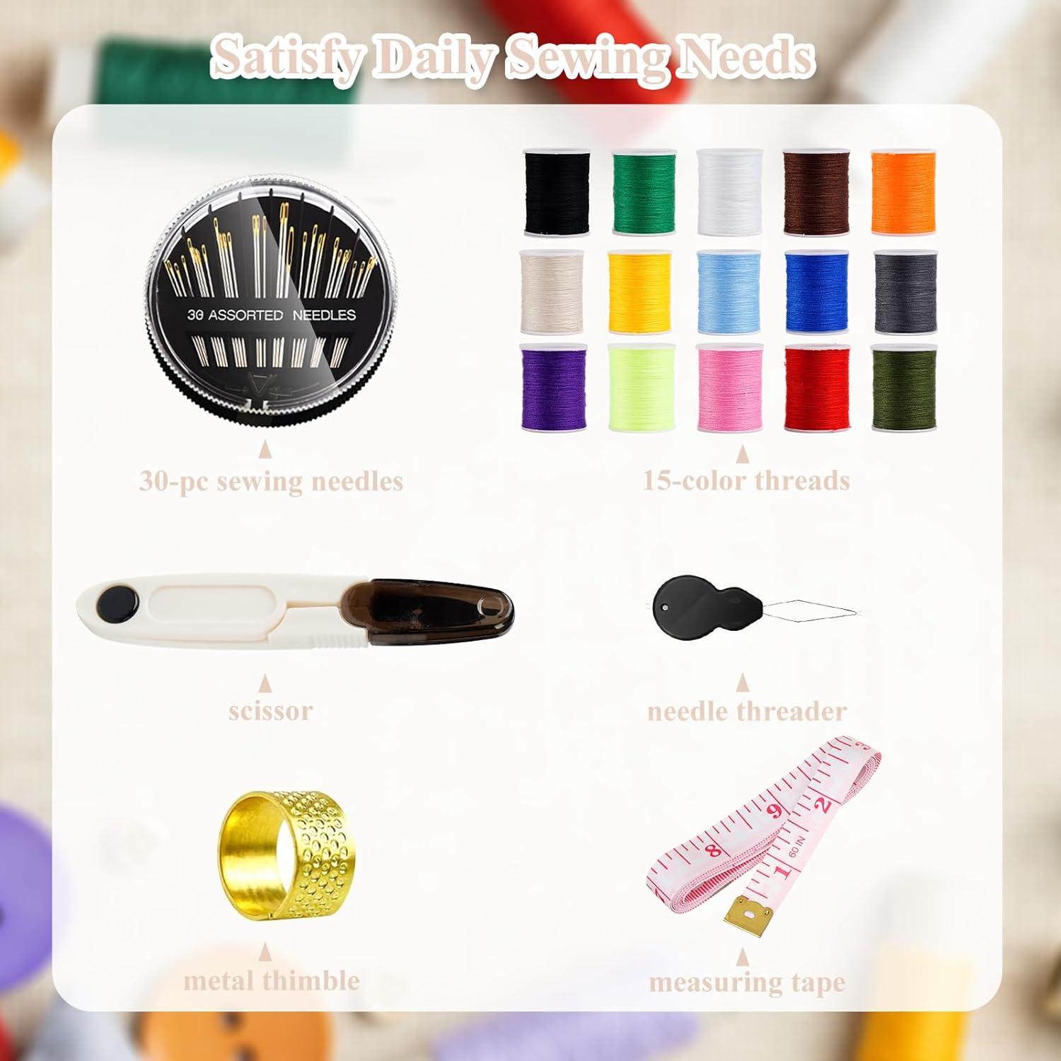 Kit de Costura Mini Sewgurixi Blanco Crema - 15 Hilos, Tijeras, Cinta Métrica