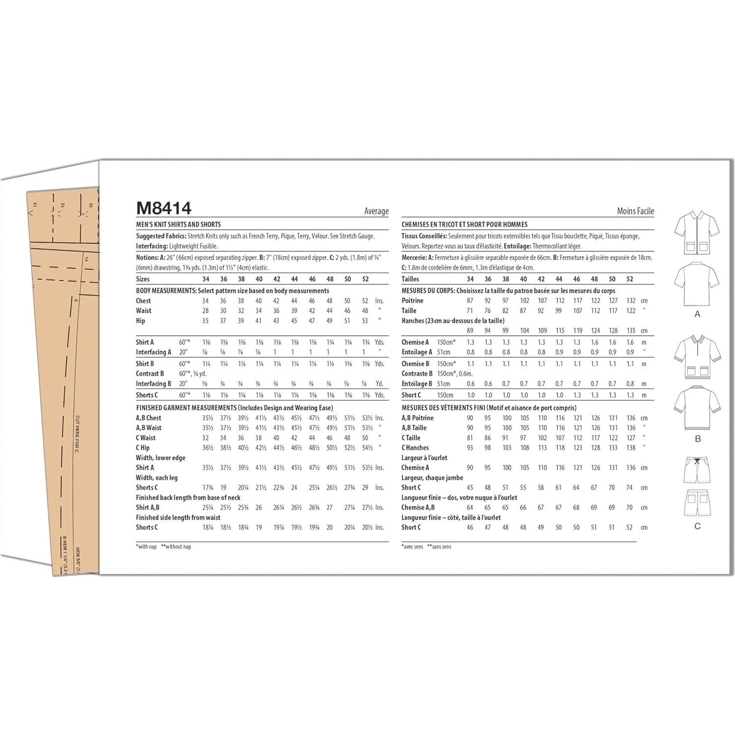 Kit de Patrón de Costura McCall's M8414 para Hombre Tallas 44-52