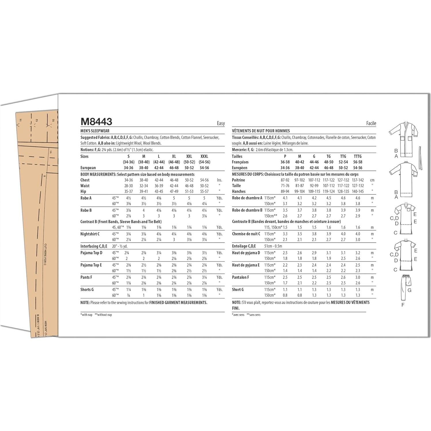 Kit de Patrón de Costura McCall's M8443 para Hombre - Bata, Camisón y Pantalones
