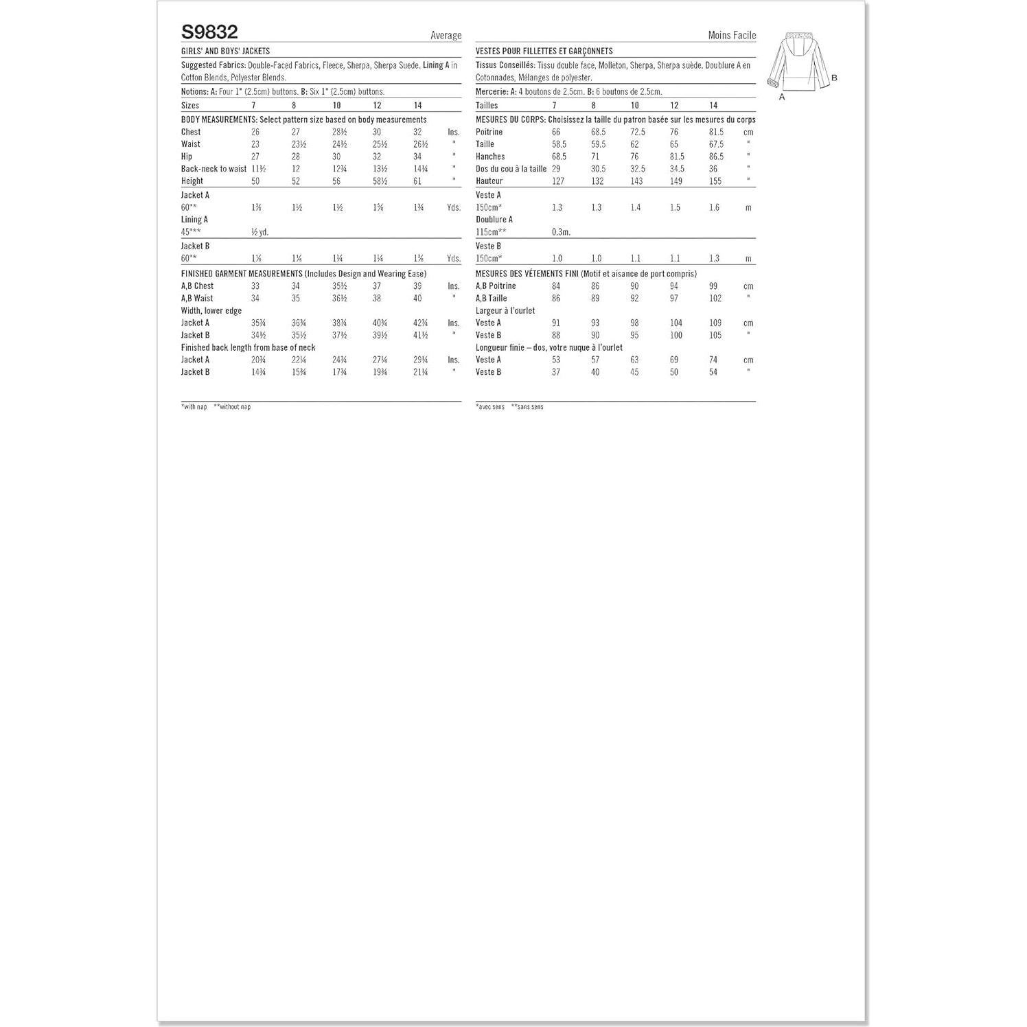 Patrón de Costura Chaqueta con Capucha Simplicity S9832 Tallas 7-14