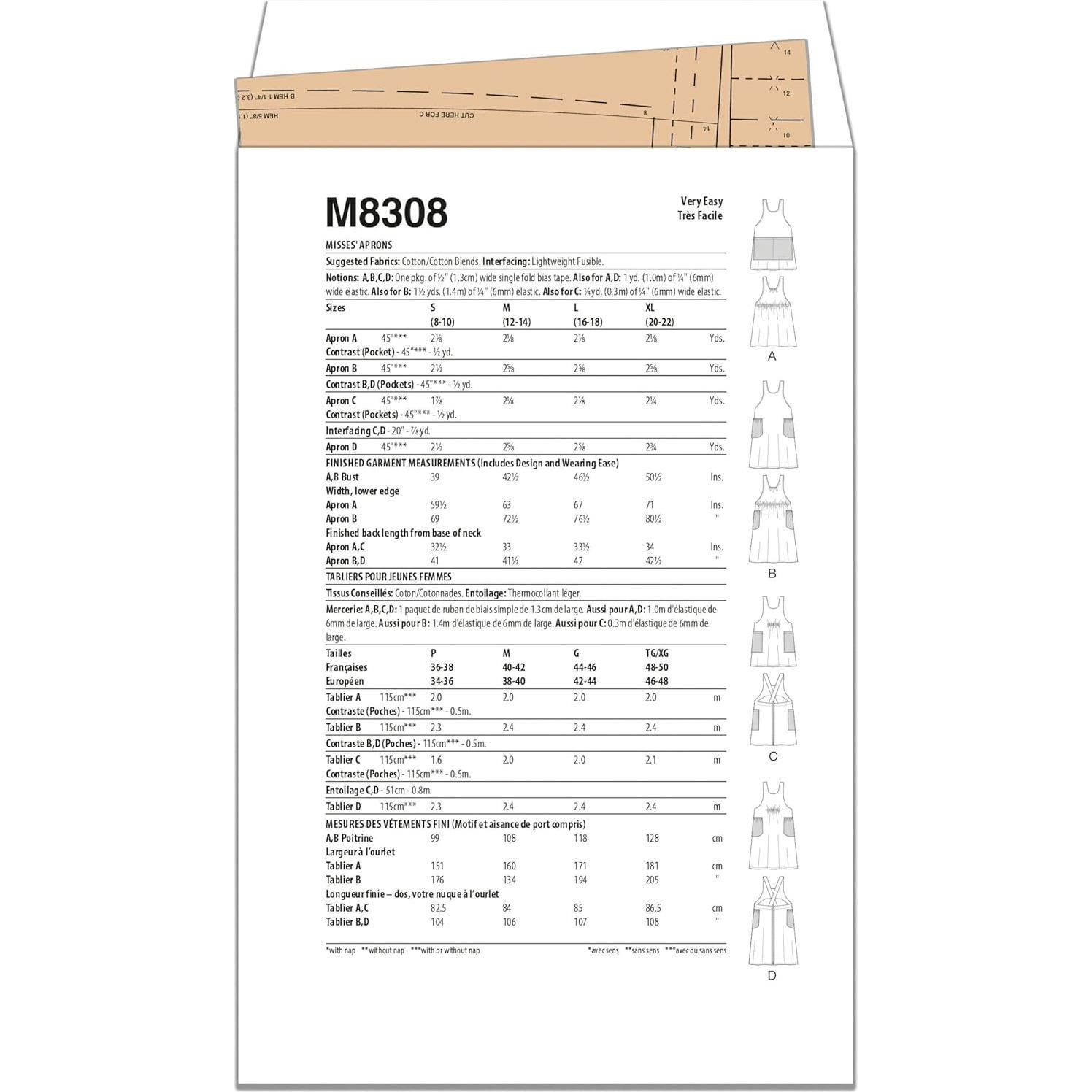 Kit de Patrón de Costura McCall M8308 para Delantales S-M-L-XL