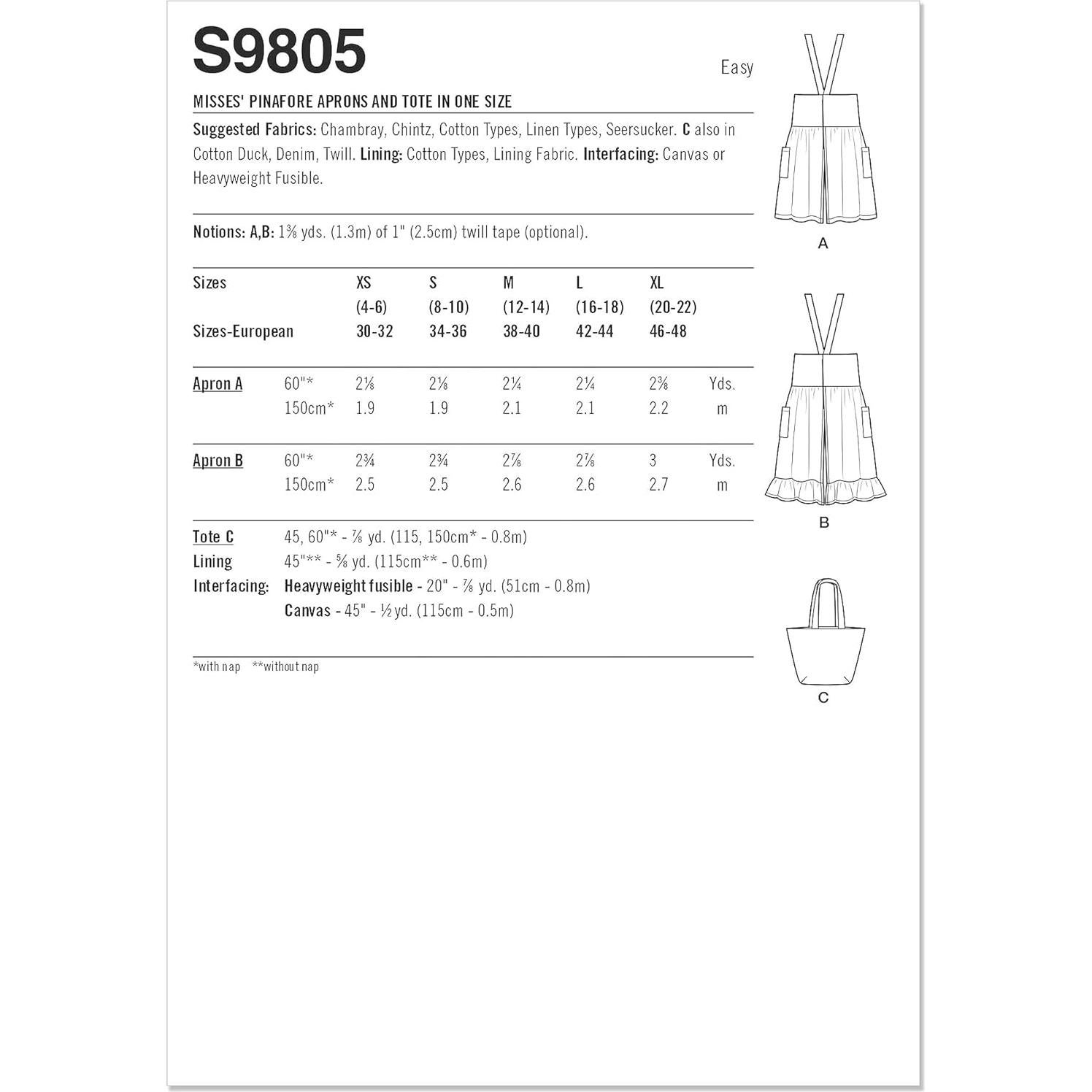 Patrón de Costura Delantal Pinafore y Tote Simplicidad S9805 XS-XL
