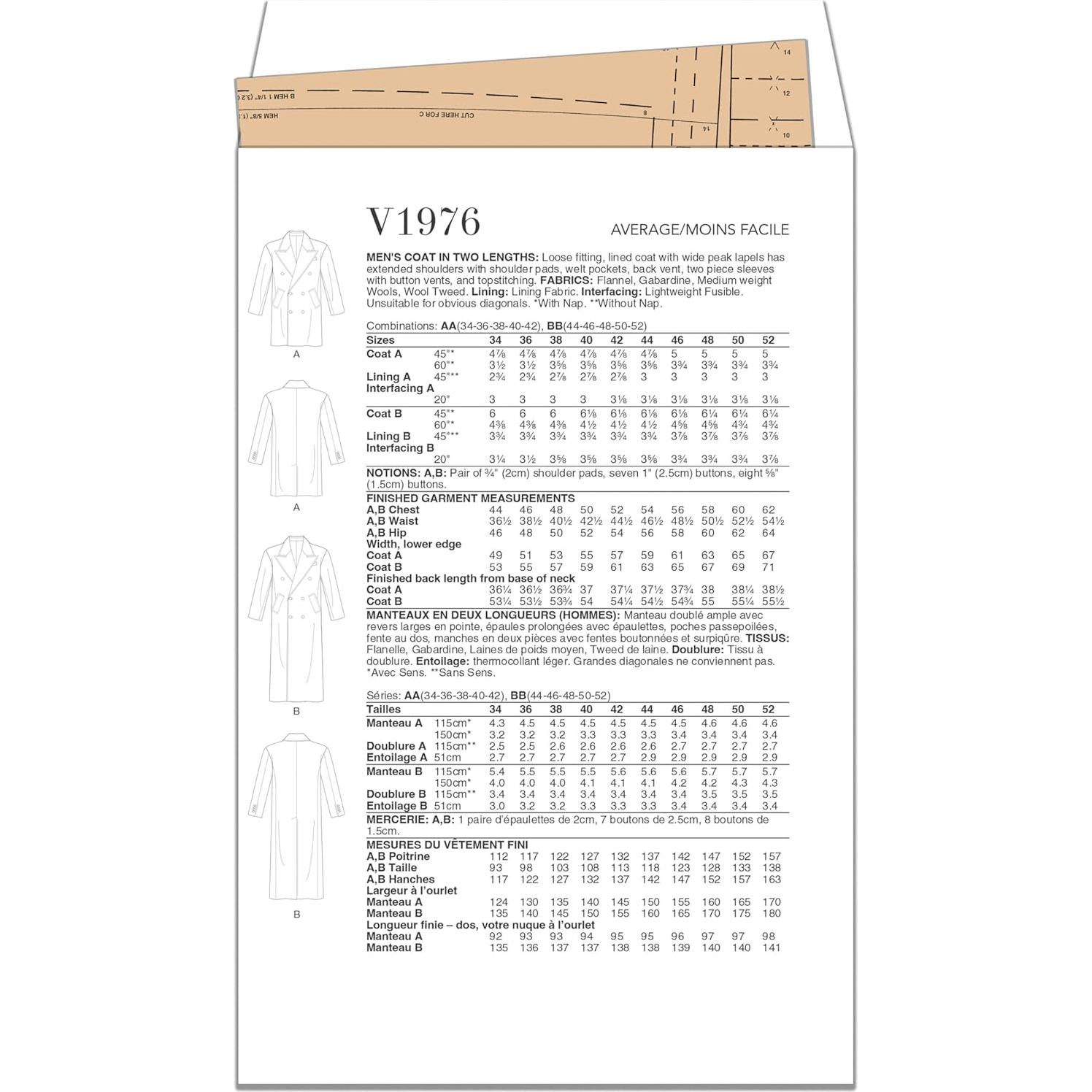 Patrón de Costura Vogue V1976 para Abrigo Forrado Hombre 34-42