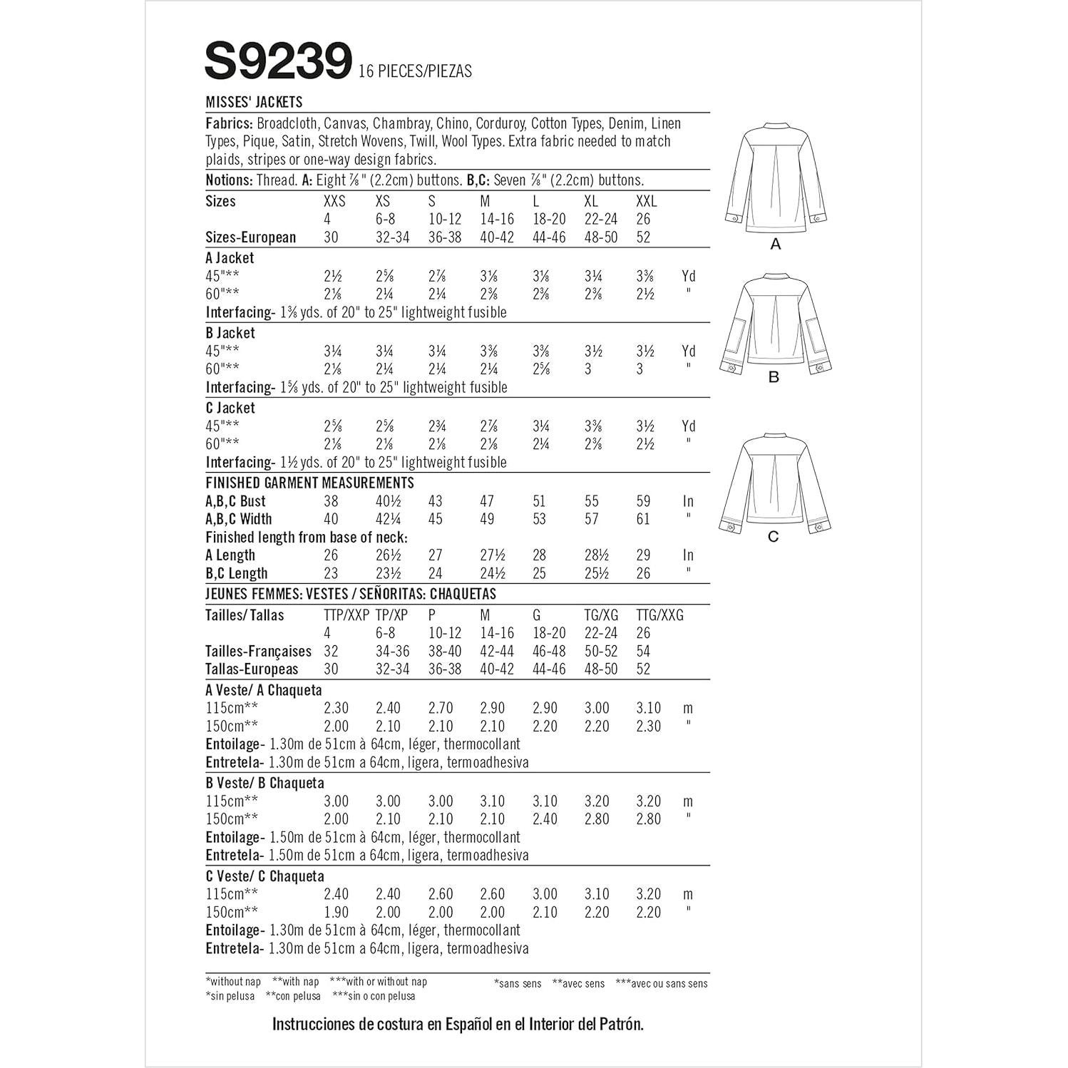 Patrón de Costura Chaqueta Dama Simplicidad S9239 Tallas XXS-XXL