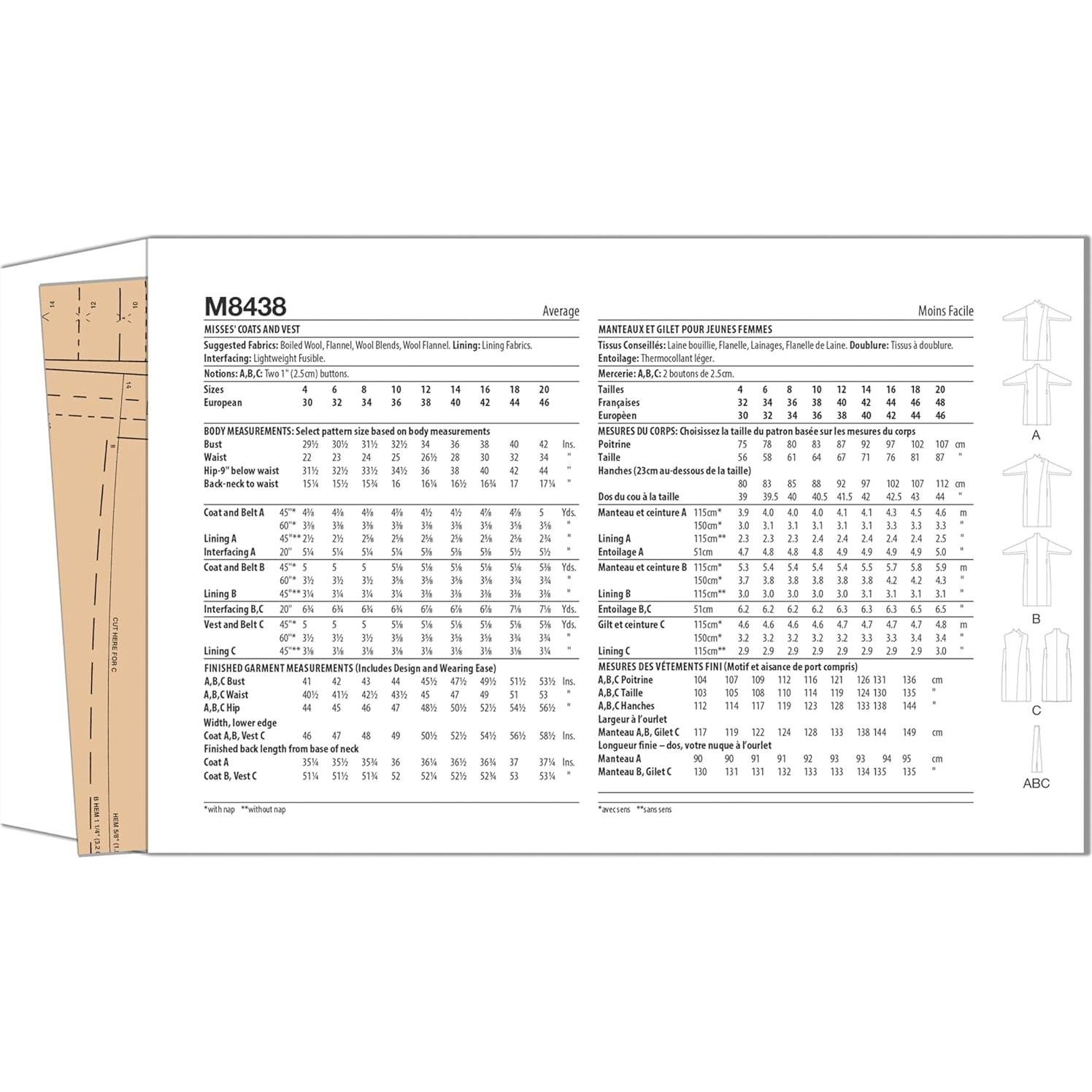 Patrón de Costura McCall's M8438 para Abrigos y Chalecos Dama 12-20