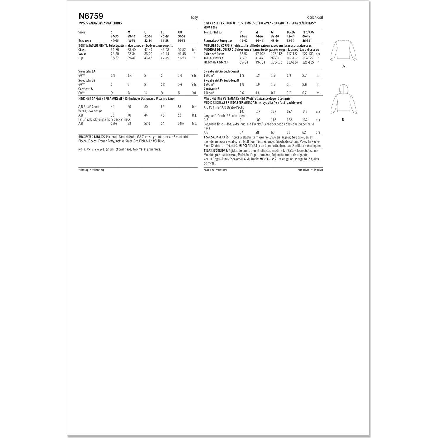 Patrón de Costura Sudadera Nuevo Look N6759 Tallas S-XXL