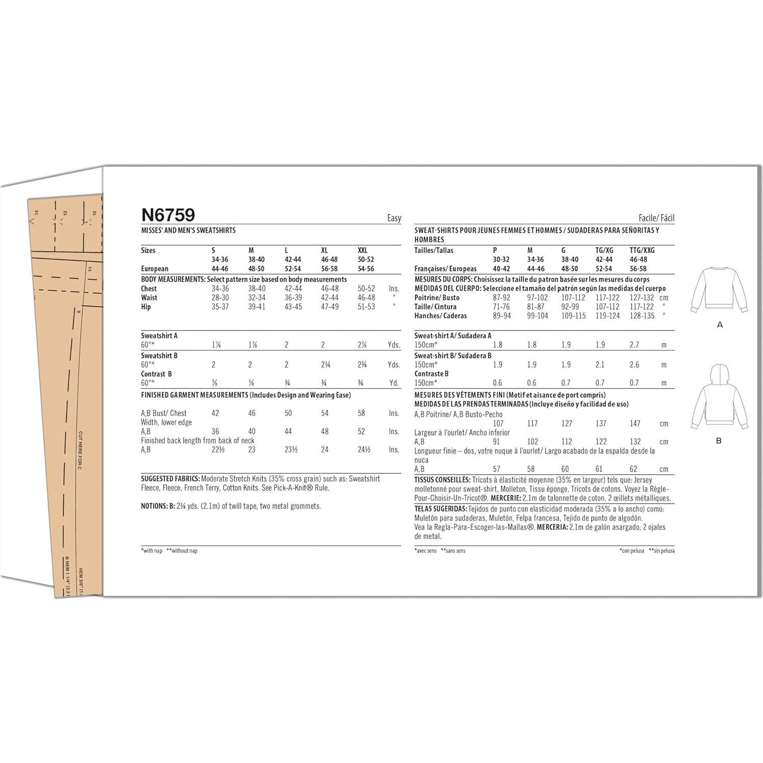 Patrón de Costura Sudadera Nuevo Look N6759 Tallas S-XXL